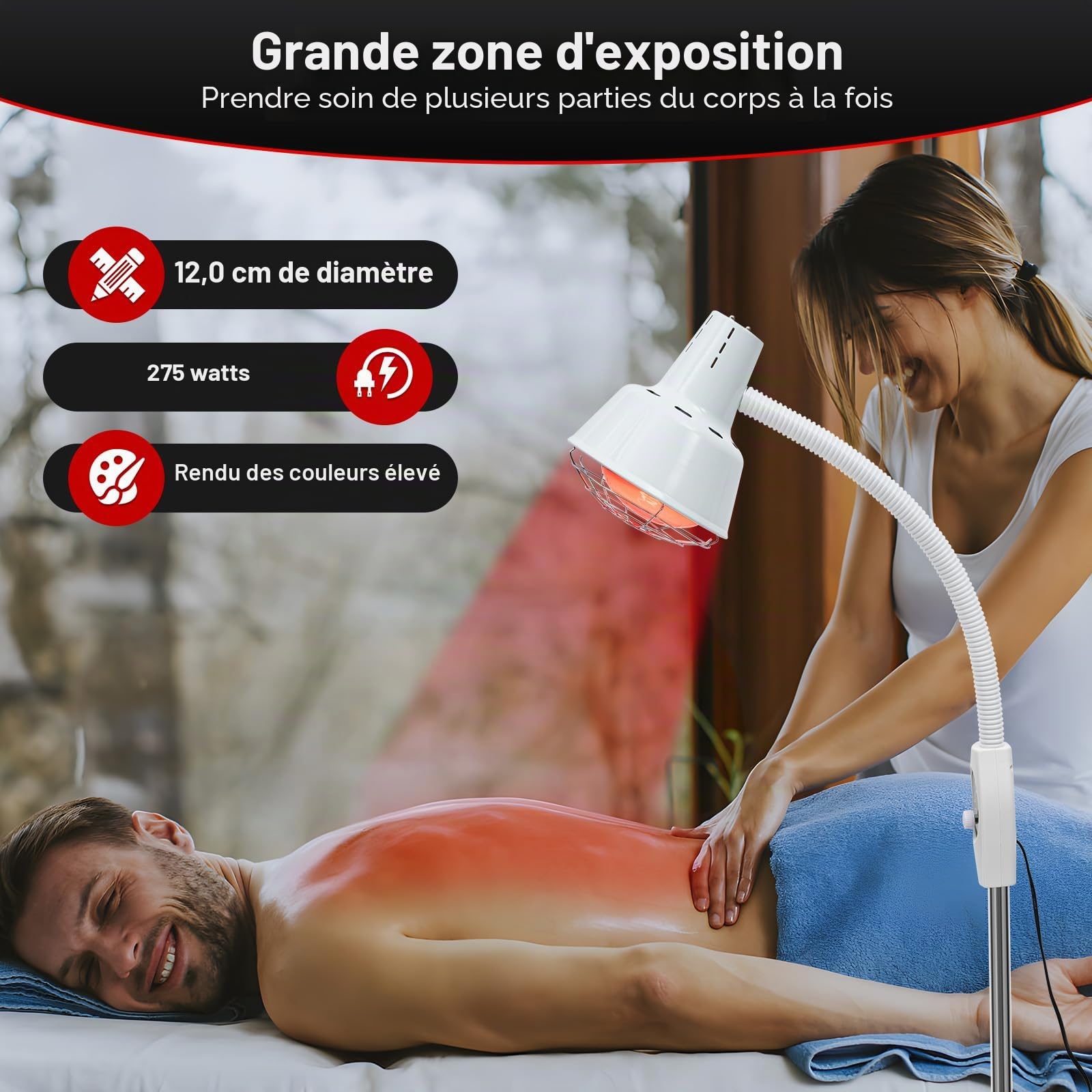275W Lampe Infrarouge Lampe Chauffante 360° Lampe à Infrarouge sur Pied pour Soulager Les Douleurs Musculaires ou Les Rhumes, Température réglable