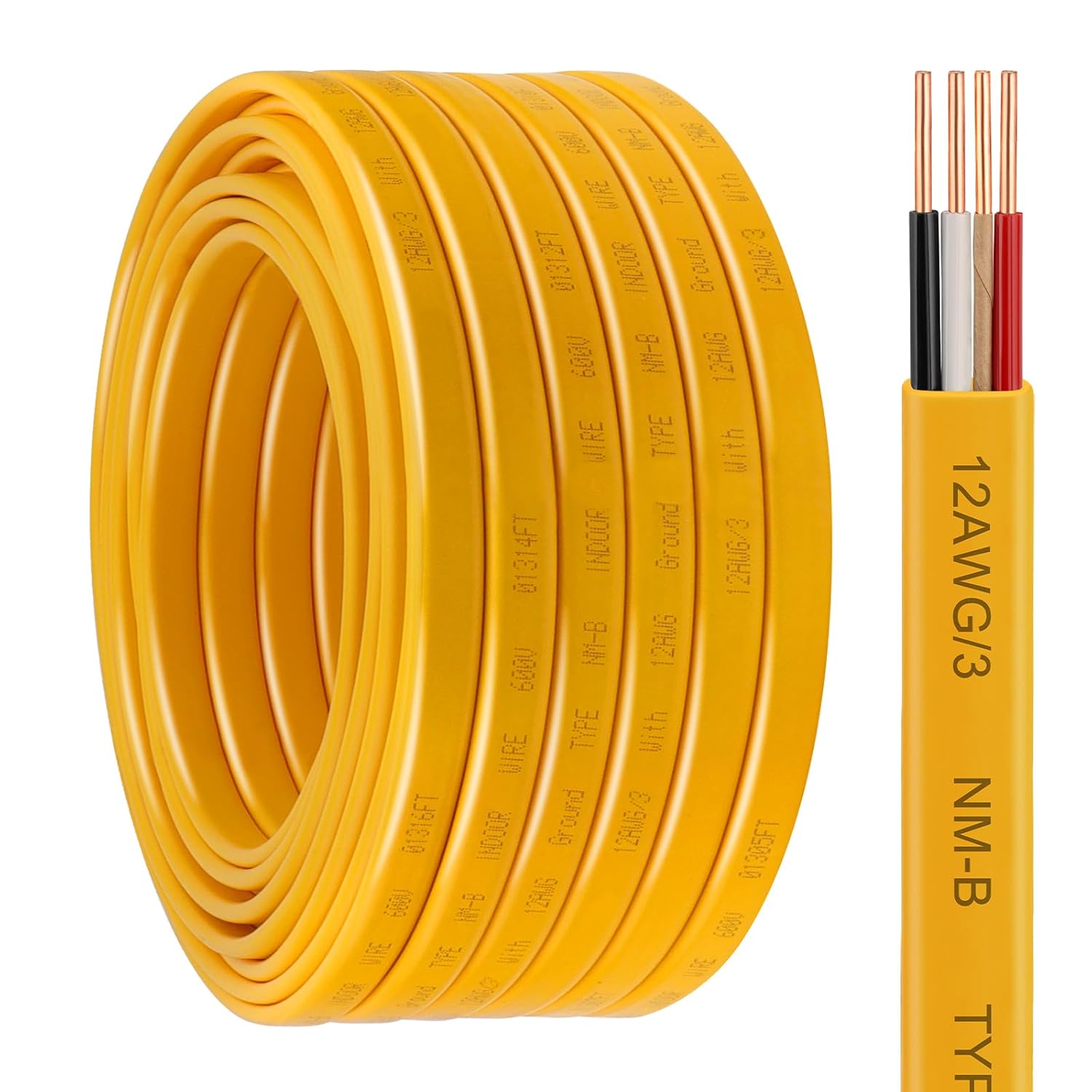 12/3 NM-B Wire with Ground - 25FT Non-Metallic Sheathed Cable Pure Copper 12 AWG 3 Conductor Residential Indoor Wire for Outlets, Switches and Other Loads etc. (Yellow)
