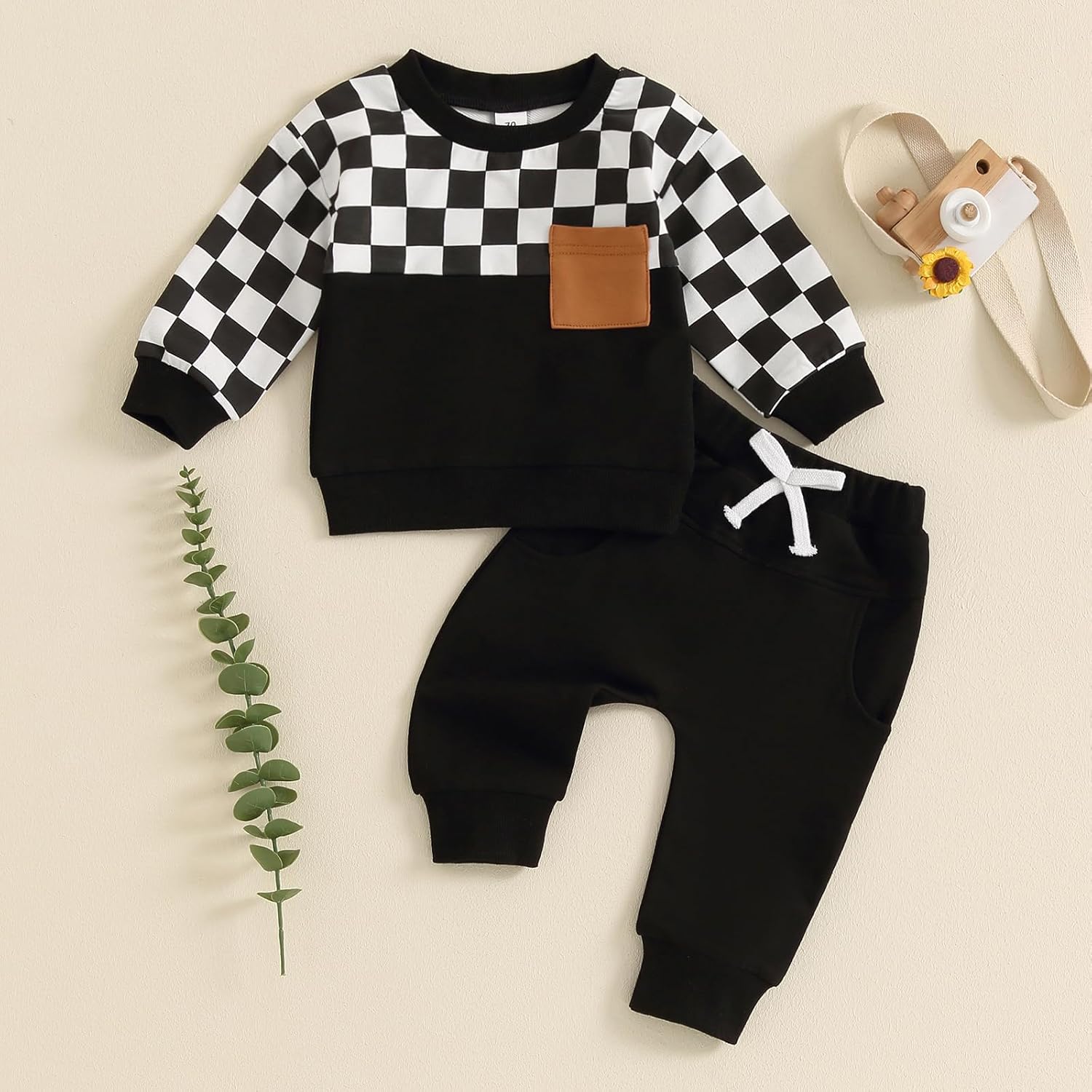 Toddler Baby Boy Fall Outfit Checkerboard Patchwork Long Sleeve Sweatshirts Elastic Waist Pants Cute Newborn Clothes Set - Image 2