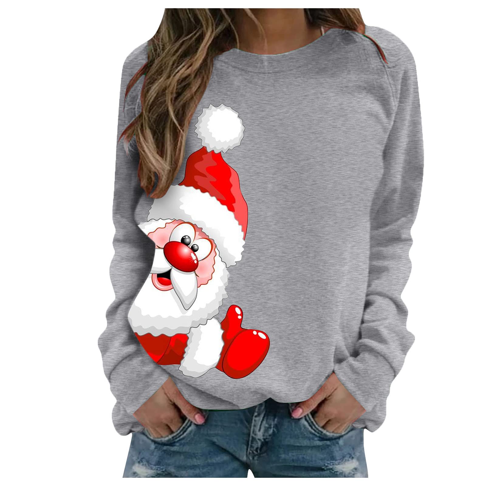 Weihnachtspullover Damen Lustig - Weihnachtsmann Print Sweatshirt Mit Streifen