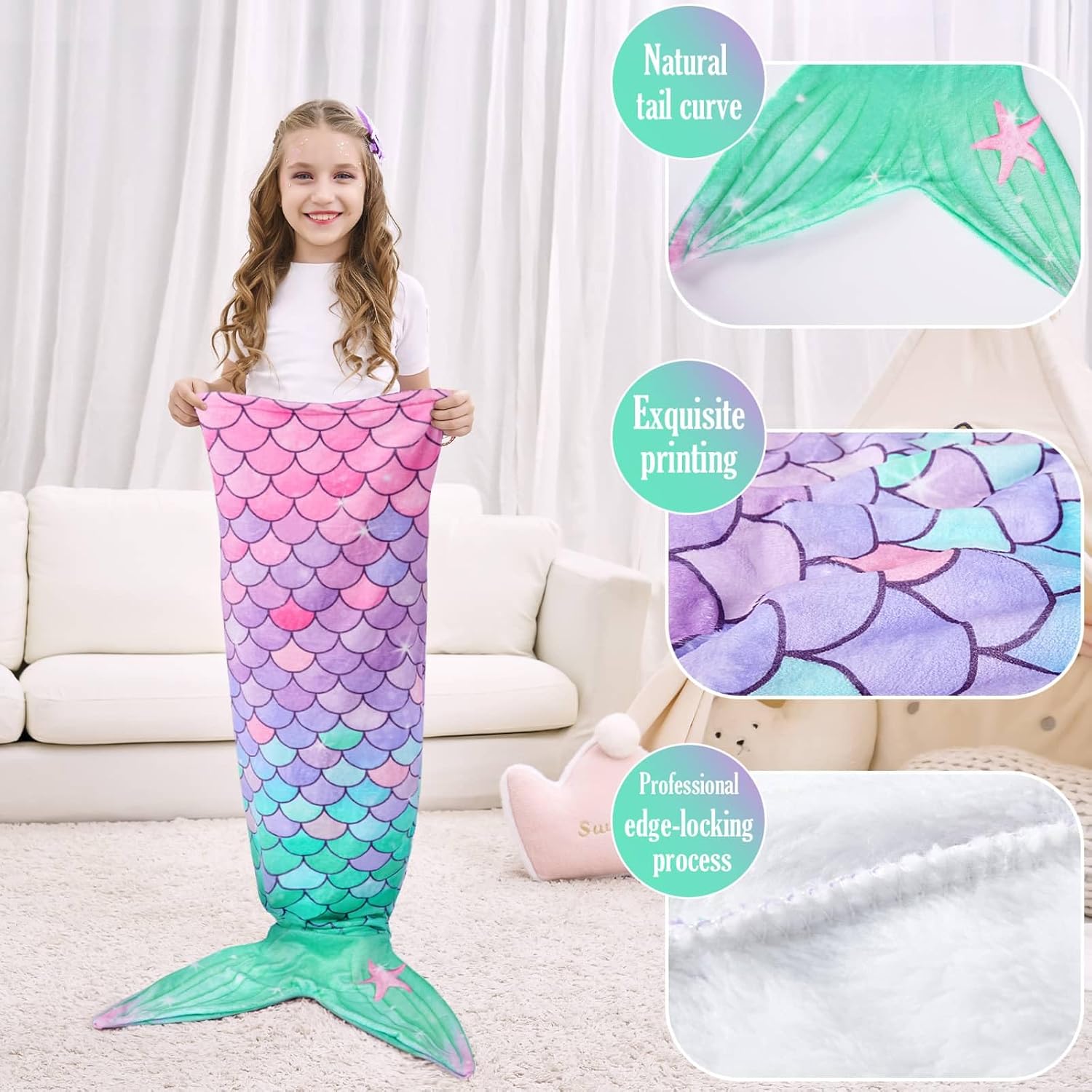 WERNNSAI Mermaid Tail Blanket - Mermaid Wearable Blankets for Kids Girls Soft Flannel Scale Sleeping Bags All Seasons Blanket for Kids Birthday (Pink & Green)