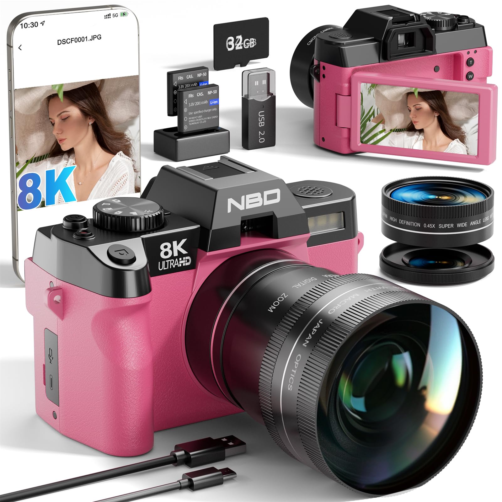 NBD 8K 64MP Digital Cameras for Photography with 16X Zoom,2026 Upgraded Autofocus Vlogging Camera with 180°Flip Screen,Point and Shoot Digital Cameras with 2 Batteries,64GB Card,52mm Macro Lens(Pink)-image-10