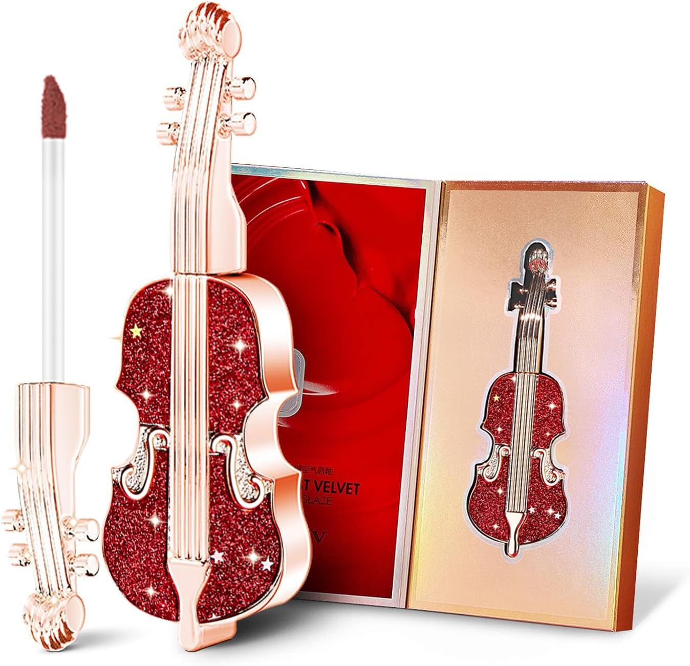 Long Lasting Matte lipstick in Velvety Red, Unique Violin Appearance Design, Waterproof Durable Mist Liquid Lipstick with Gift Box
