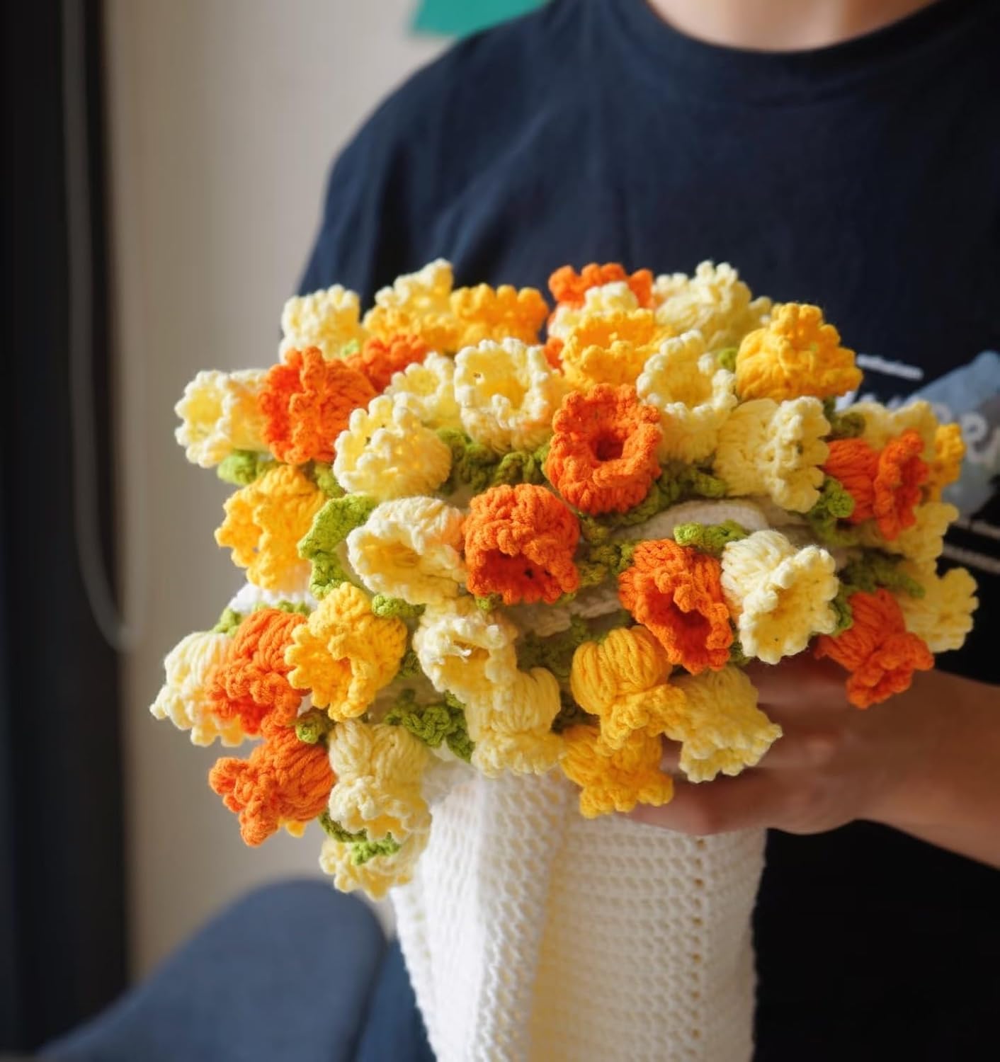 Handmade Crochet Flower Bouquet Blanket - 100% Acrylic Round Throw for Valentine's Day, Boho Home Decor (31"/43"/63", Rose/Lily/Sunflower) (Lily of The Valley(Mixed Yellow), 43'')