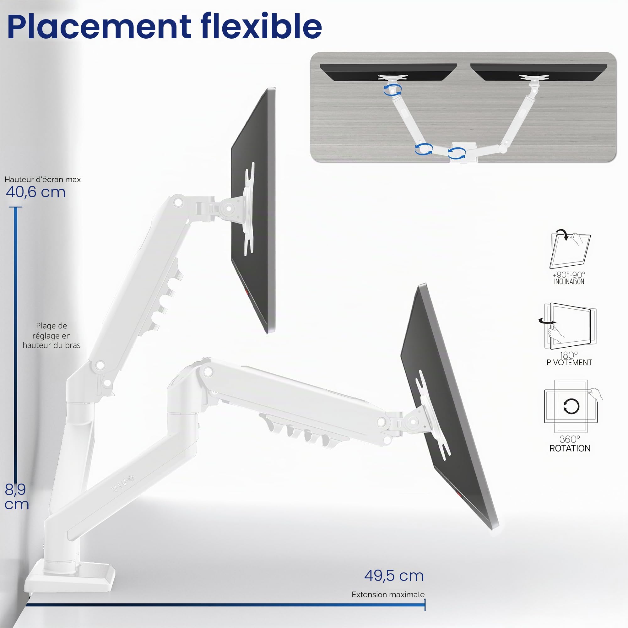 Vivo STAND-V102OW Support articulé à Double Bras pneumatique à Ressort pour 2 écrans avec VESA Max 100 x 100 cm Blanc