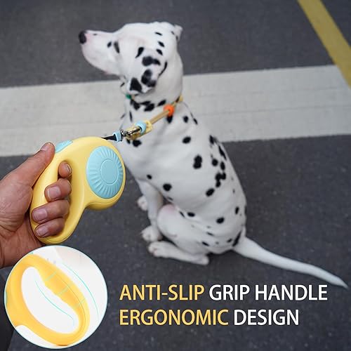 Miniatura 6 de JSXD Correa retráctil de 360° sin enredos para perro con freno con una sola mano, pausa, bloqueo, cinta de nailon resistente de 10 pies para