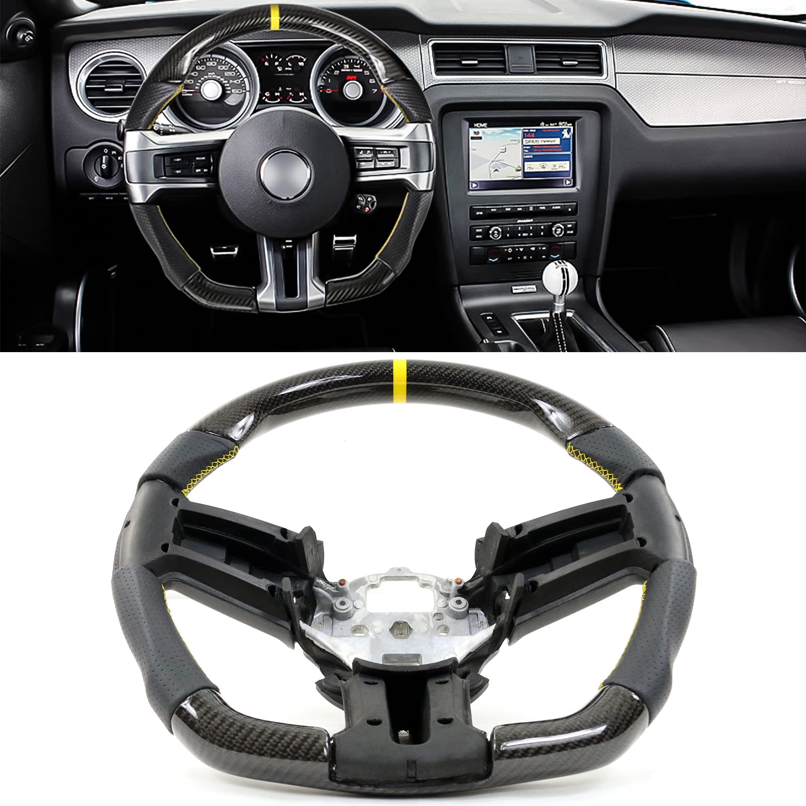 IKON MOTORSPORTS, Steering Wheel Compatible with 2010-2014 Ford Mustang, Steering Wheel Bodykit Replacement Carbon Fiber & Leather Yellow Stitch & Indicator, 2011 2012 2013