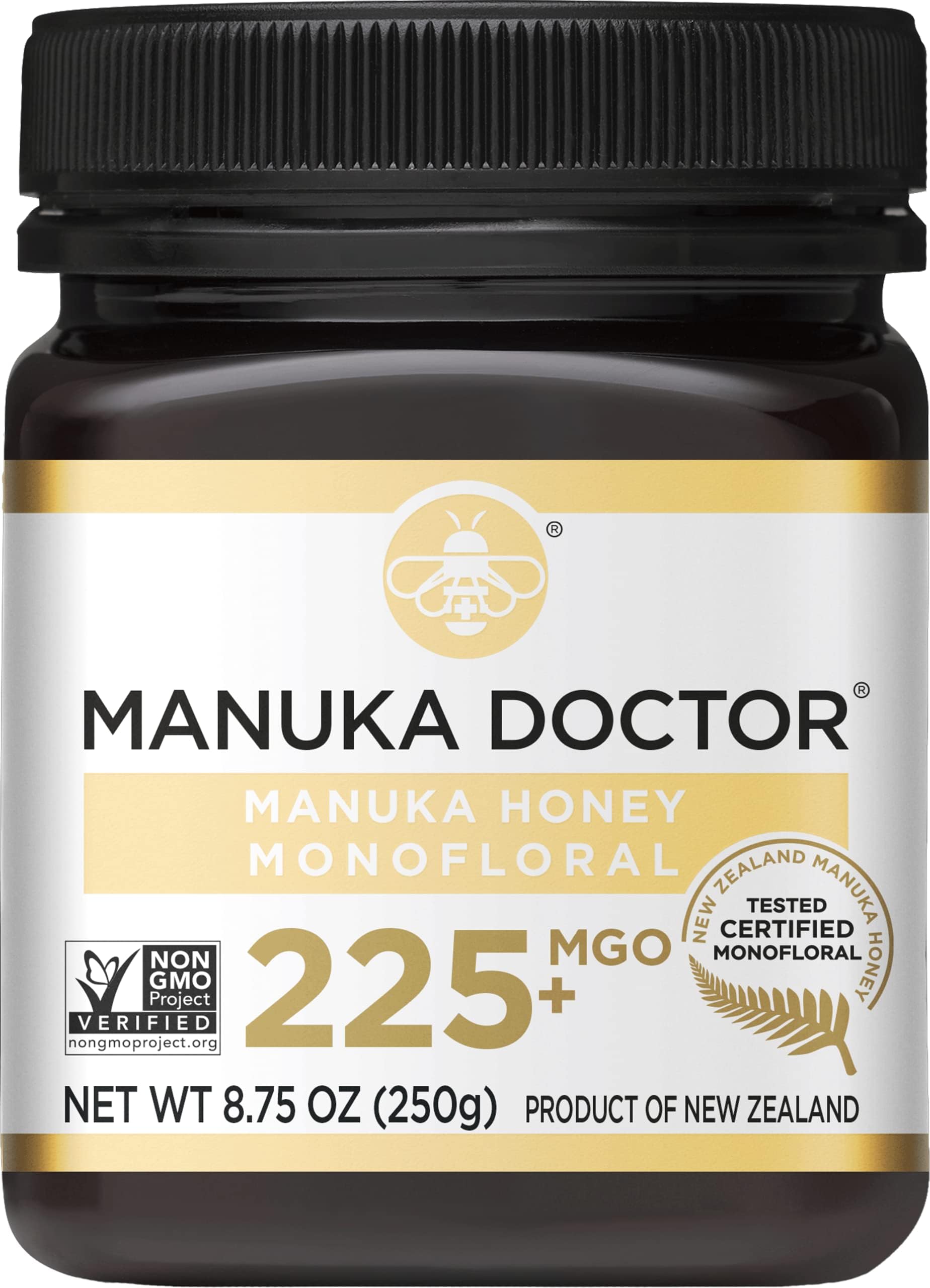 MGO 225+ Manuka Honey Monofloral, 100% Pure New Zealand Honey. Certified. Guaranteed. Raw. Non-GMO (8.75 oz)