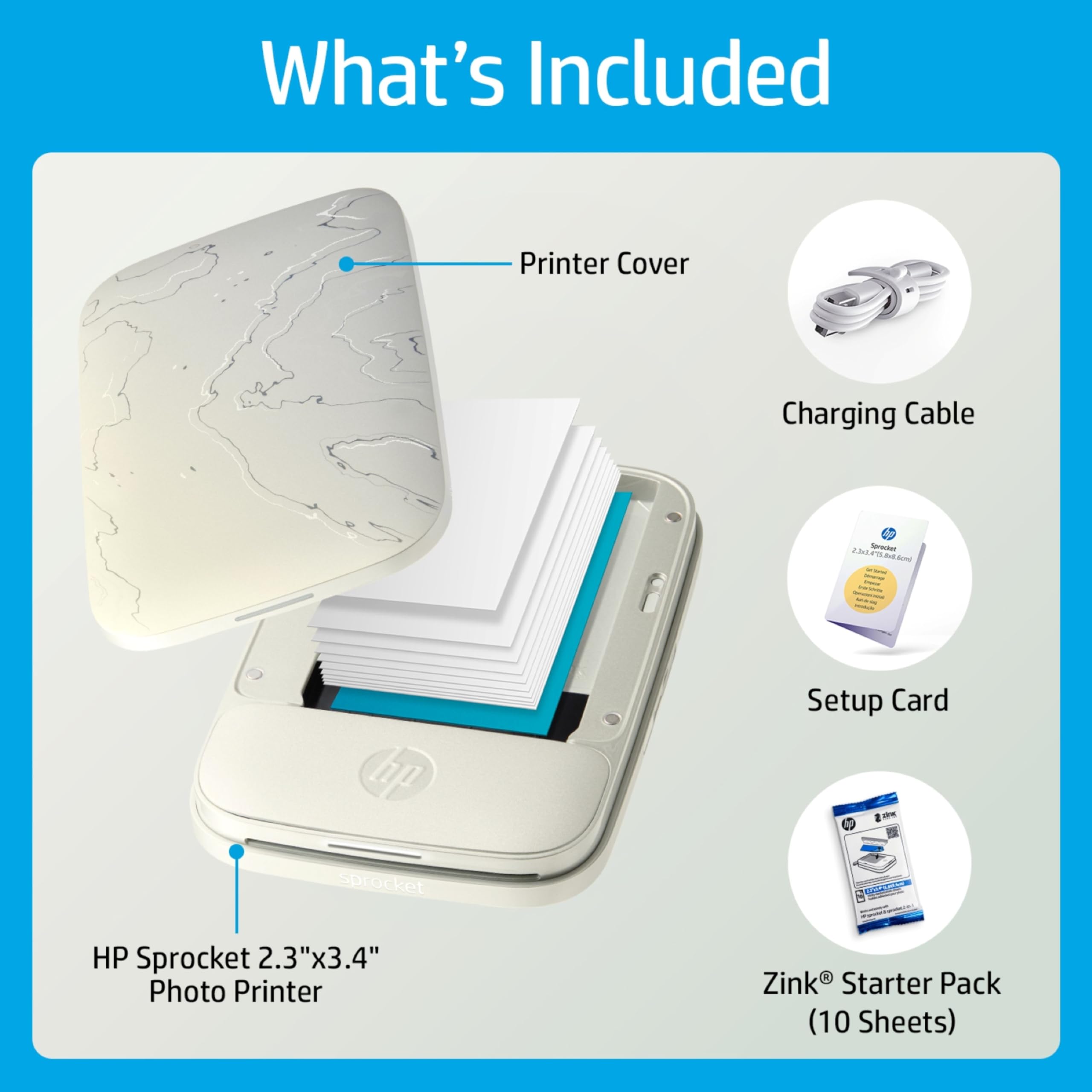 HP Sprocket Select Tragbarer Sofortbilddrucker mit 2,3 x 3,4 Zoll (Weiß) Set: Zink-Papier 20er Pack, Fotoalbum, Schere, Marker, Stickersets.