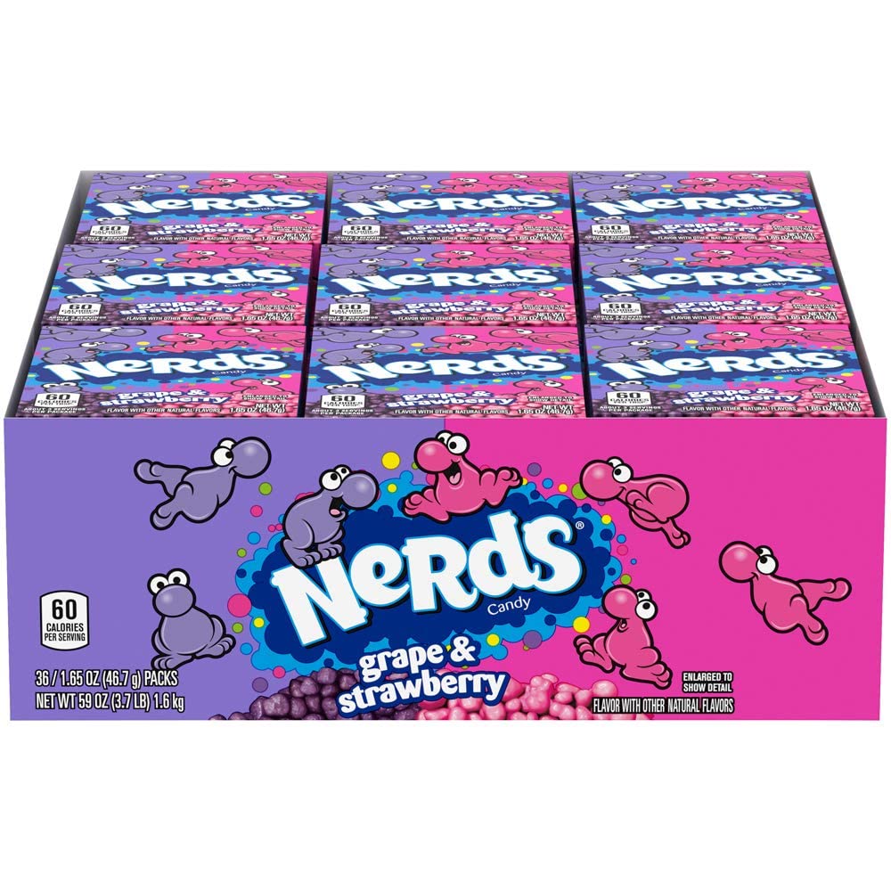 NERDS - Nerds Candy American Sour Candy | Combo perfetto di piccole caramelle al gusto di uva e fragola - Ideale per la condivisione - 36 pacchetti da 46,7 g