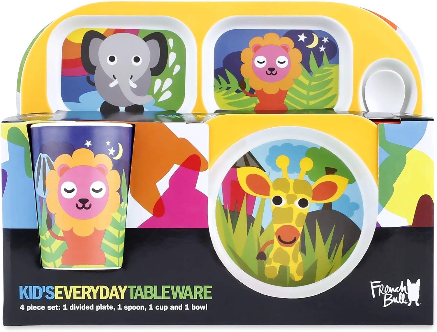 French Bull Toddler Kids Feeding Melamine Tableware Dinnerware Flatware BPA Free Dishwasher Safe, Durable Plate, Cup, bowl, Divided Tray Dinnerware Set - Jungle