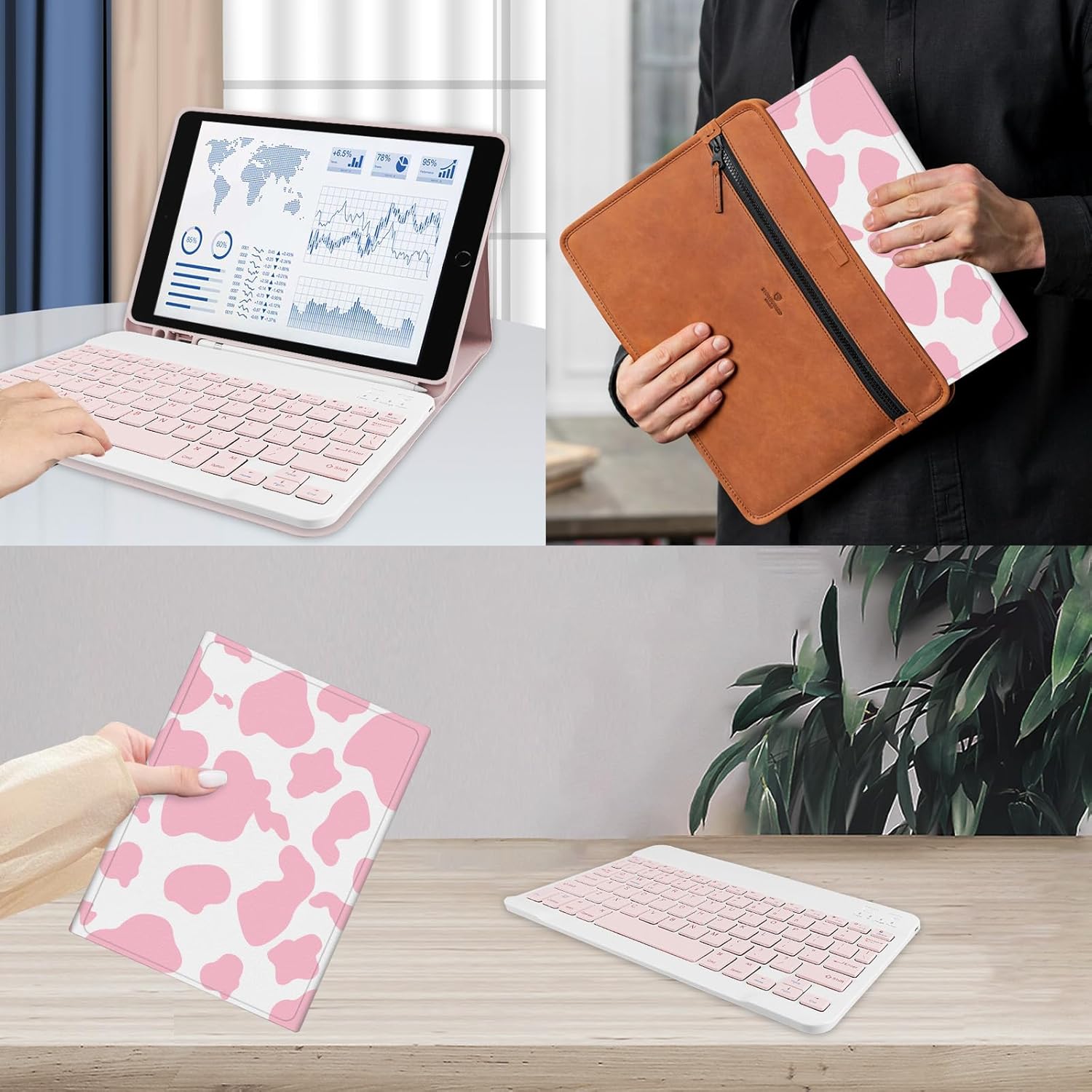 for iPad 9th Generation Keyboard Case 10.2" 2021, Magnetically Absorbent, Auto Sleep/Wake, Pencil Holder with 2 Tempered Film for iPad 8th/7th Gen 10.2" - Pink Cow