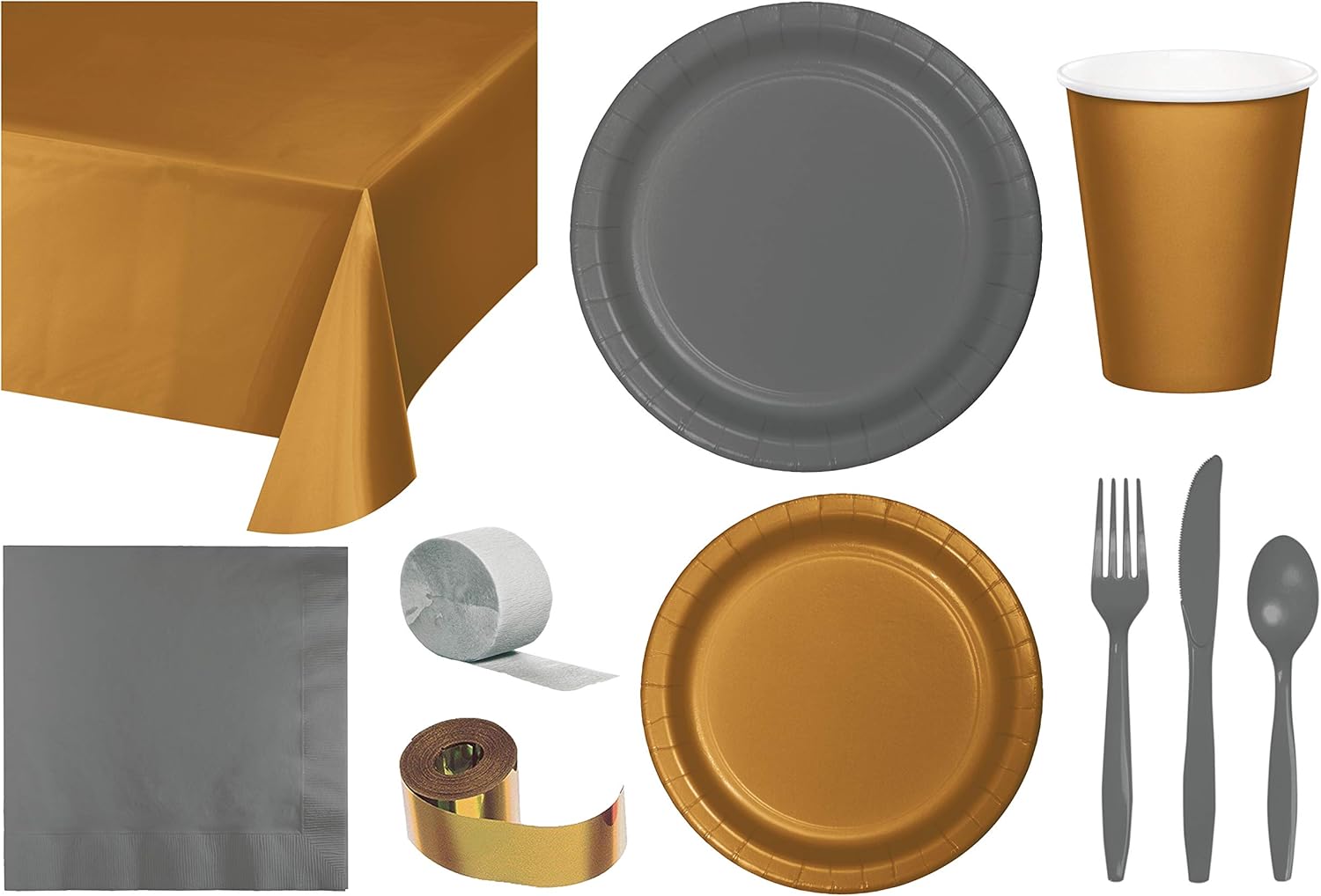 Baxters Party Bundle Bulk, Tableware for 24 People Gray and Gold, 2 Size Plates Napkins, Paper Cups Tablecovers and Cutlery, Box of 199