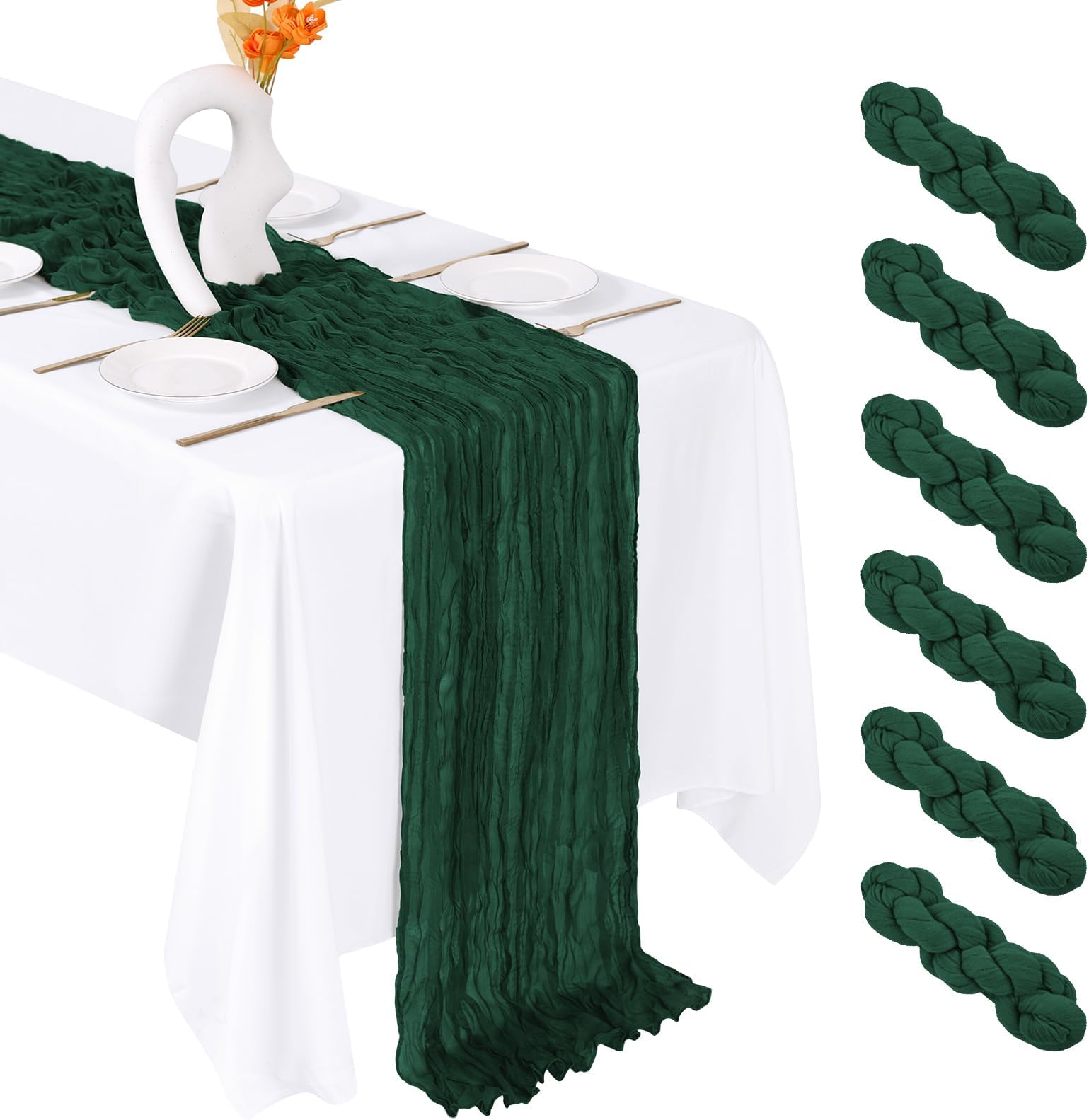 6 Pack Emerald Green Cheesecloth Table Runner 20 x 120 Inch Gauze Table Runner Fabric Semi Sheer Cheese Cloth Table Decor Bulk for Rustic Romantic Wedding Baby Shower Party Table Decoration