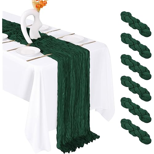 6 Pack Emerald Green Cheesecloth Table Runner 20 x 120 Inch Gauze Table Runner Fabric Semi Sheer Cheese Cloth Table Decor Bulk for Rustic Romantic Wedding Baby Shower Party Table Decoration