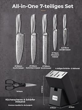 Messerblock mit Messerset FOHERE 7-teilig Selbstschärfender Messerblock Scharfes Messerset mit Holzblock Ergonomischer Rutschfester Griff aus Edelstahl Profi Küchenmesser Set Ideal als Geschenk