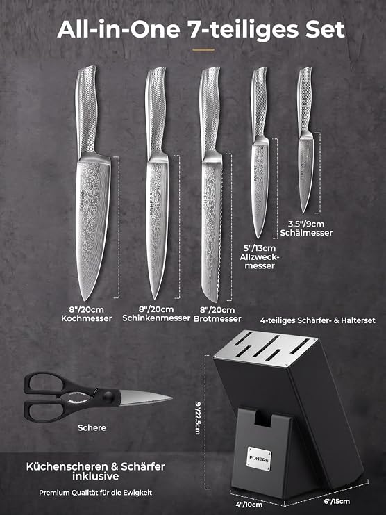 Messerblock mit Messerset FOHERE 7-teilig Selbstschärfender Messerblock Scharfes Messerset mit Holzblock Ergonomischer Rutschfester Griff aus Edelstahl Profi Küchenmesser Set Ideal als Geschenk