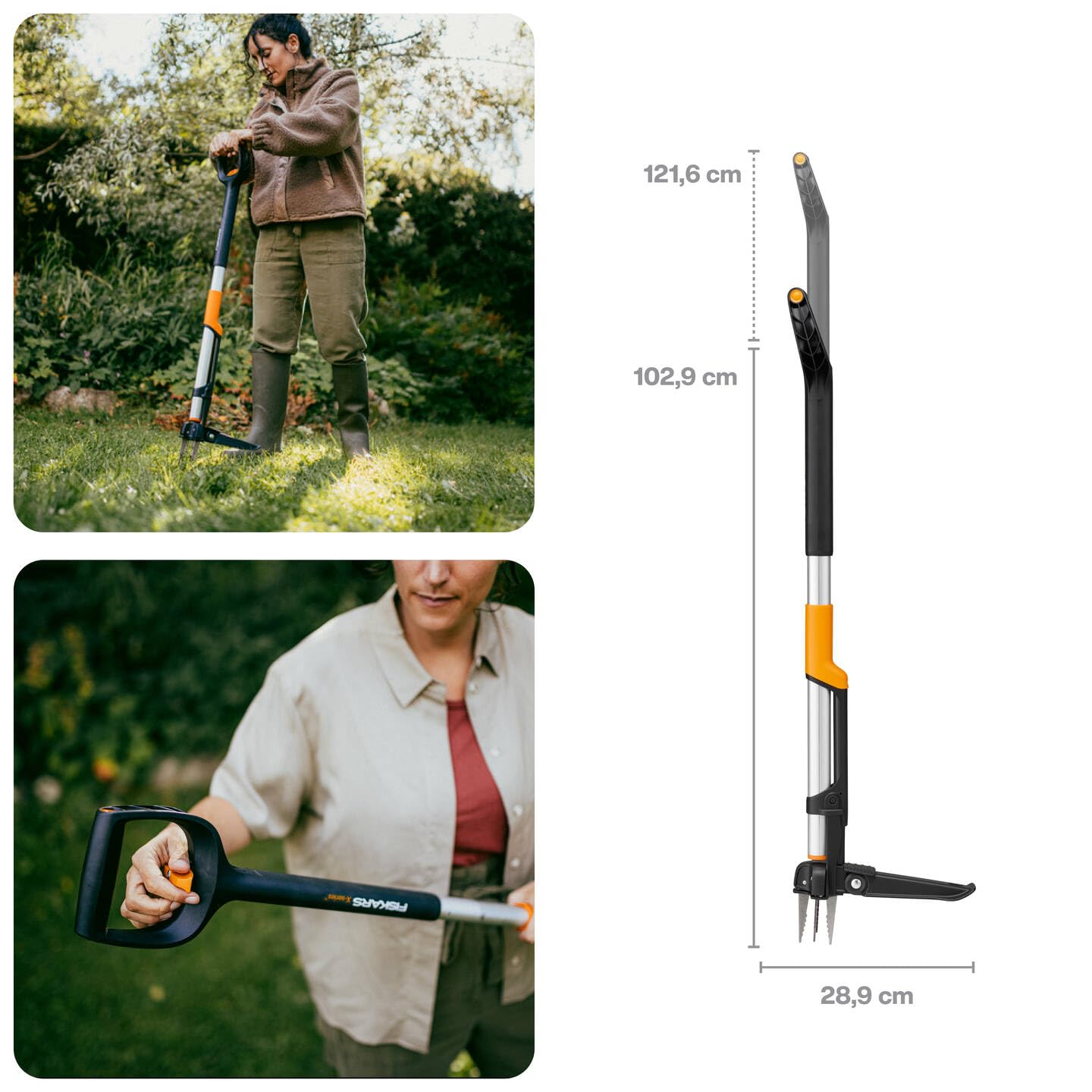 Fiskars X-Series Estirpatore per Erbacce, Utensile Telescopico con 4 Griffe in Acciaio Inox, Impugnatura a D, Fino a 120 cm, Sistema di Espulsione, Pedana Pieghevole, Nero/Arancione, 1082709