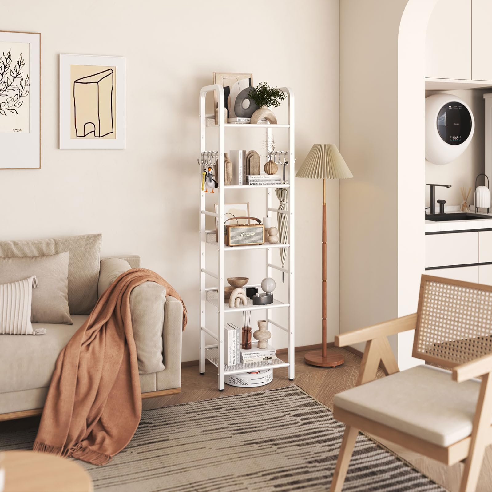 YMYNY Libreria a 5 strati, Libreria, Racchetto di stoccaggio, Mensole, Gancio a S 8 pezzi, Struttura in metallo, Stile minimalista, per Soggiorno, Ufficio, Bagno, Bianco HBC055W