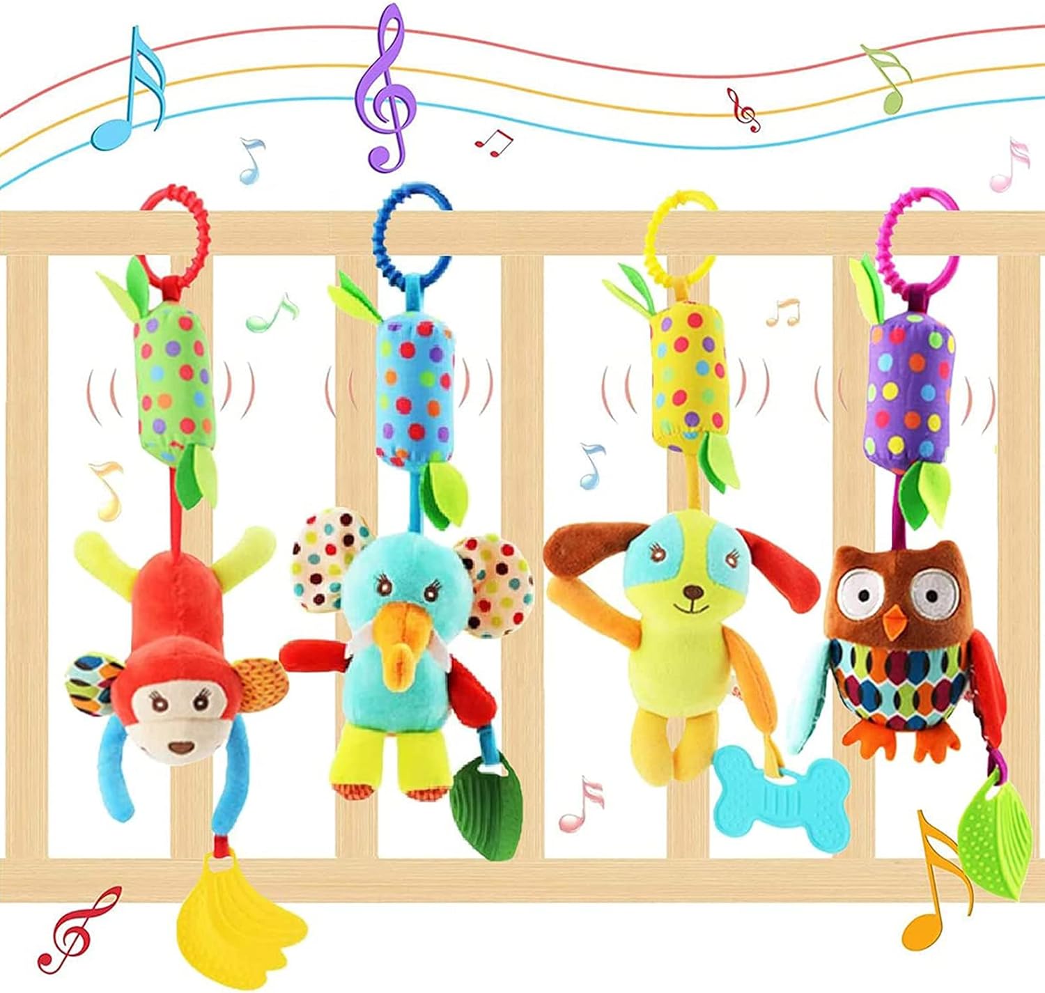 wohot 4packs Baby Pram Pushchair Toys Hanging Rattle Sensory Educational Toy, Newborn Pram Toys Car Seat Crib Travel Activity Plush Animal Wind Chime with Teether for Boys Girls (4 packs)