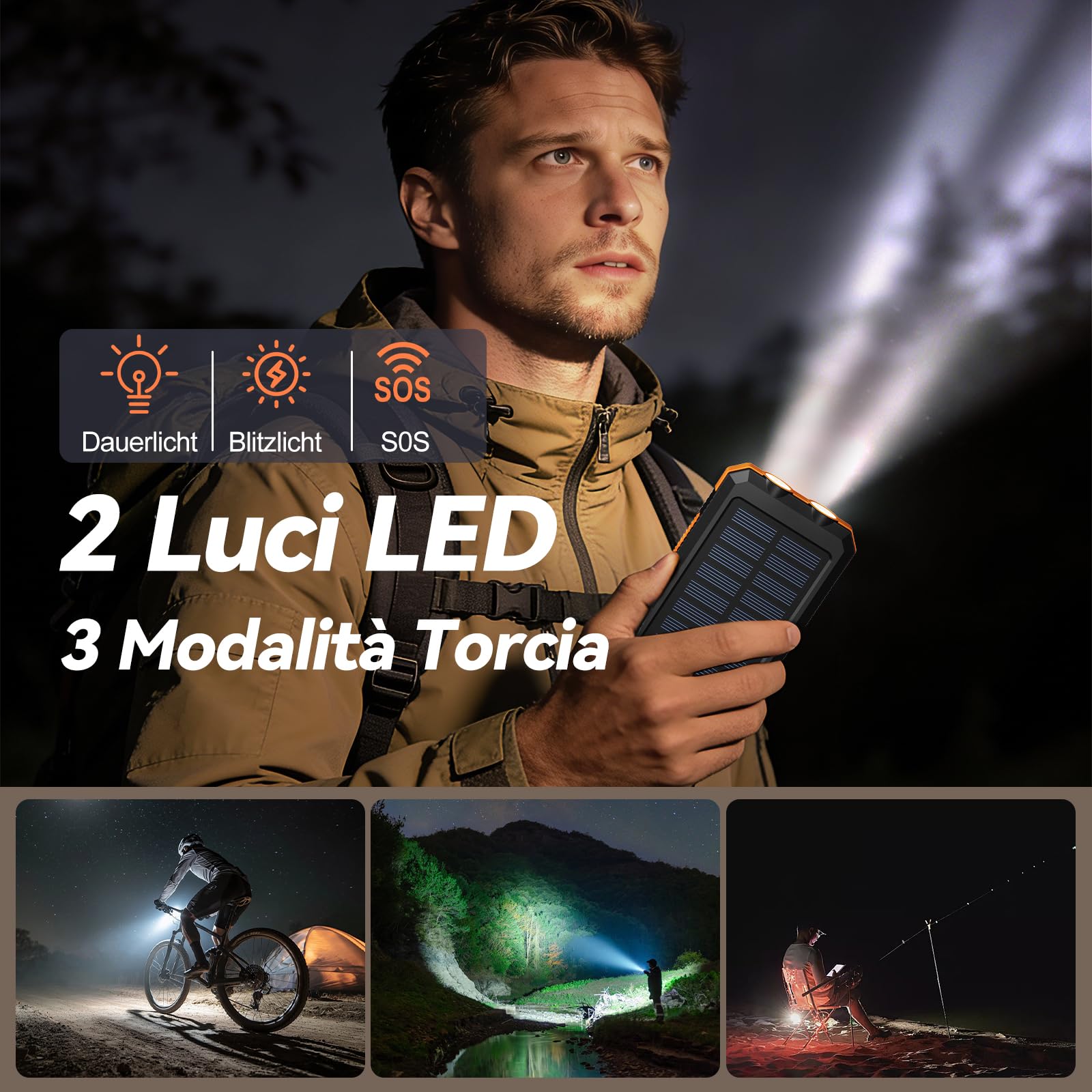 Vikeri Powerbank Solare da 26800 mAh, Power Bank Solare Impermeabile, Porta USB-C per Ricarica Rapida, con 4 uscite, per Smartphone, Tablet, ecc. (Arancione intenso)