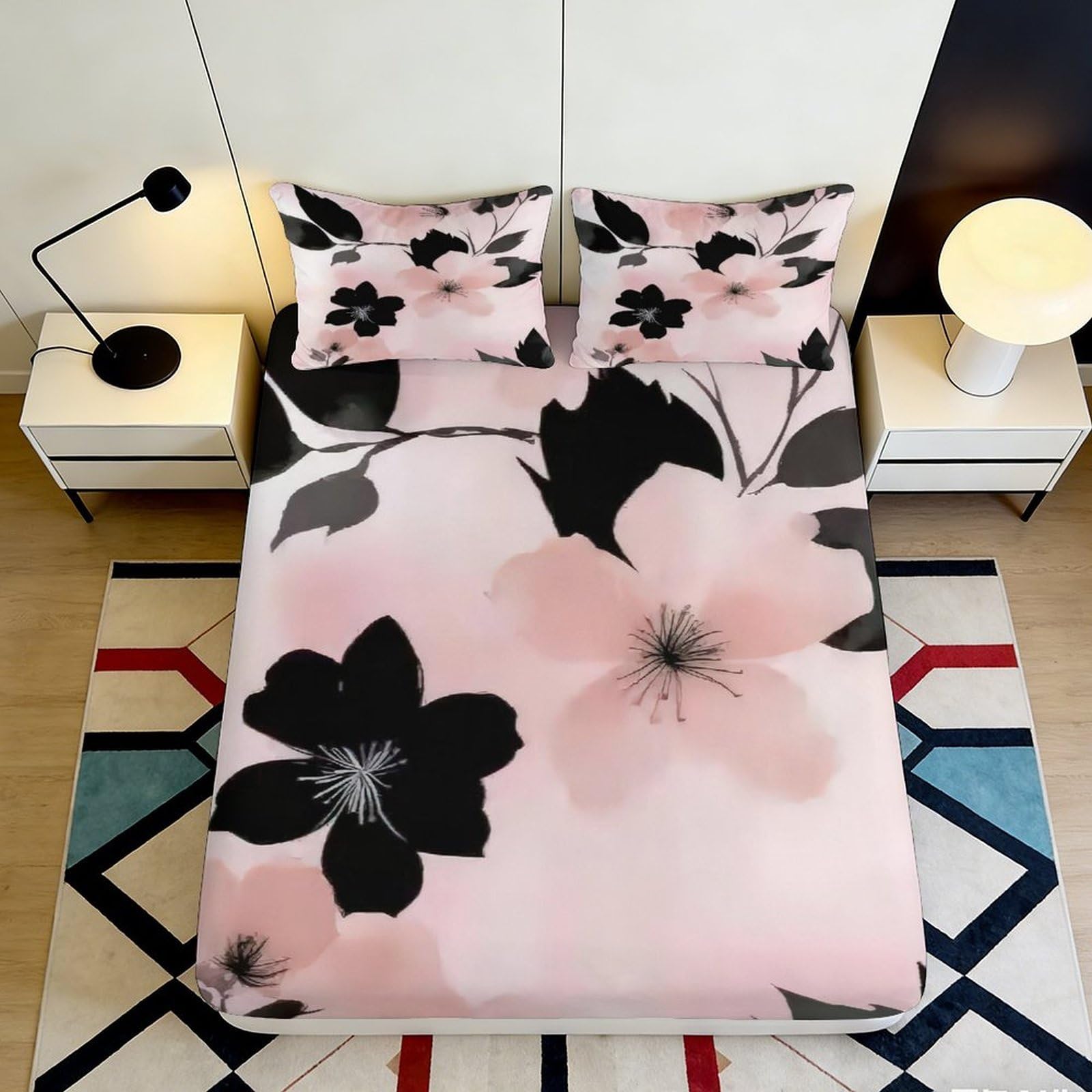 Pnayamiorkfel Style-2 3D Printed Pink Sakura Fitted Sheet Microfiber Soft Floral Blossom Bed Cover Non-Slip For Bedroom Guestroom Decor 90X200x25cm