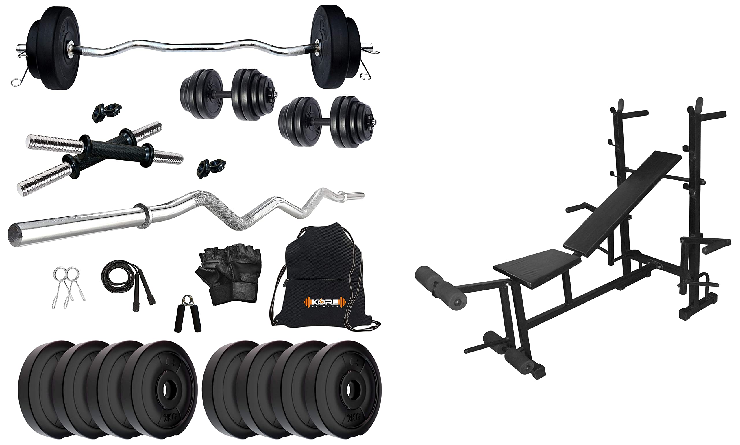 Kore PVC 16 Kg Home Gym Set with One 3 Ft Curl and One Pair Dumbbell Rods with Gym Accessories, Black+Kore 8 in 1 Multi Functional Fitness Bench- Black (B09HMRNCQG) Amazon Price History, Amazon Price Tracker