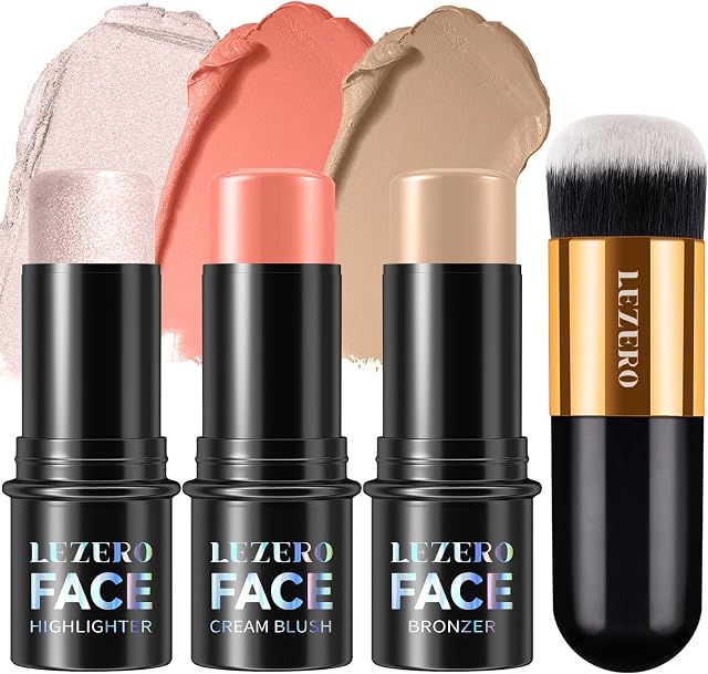 3Pcs Contour Stick Kit, Shades with Highlighter Blush Bronzer, #1 FAIR | Sculpt the Cheeks, Longwear Smooth Non-greasy Formula for All Skin Type, Dewy & Matte Finish