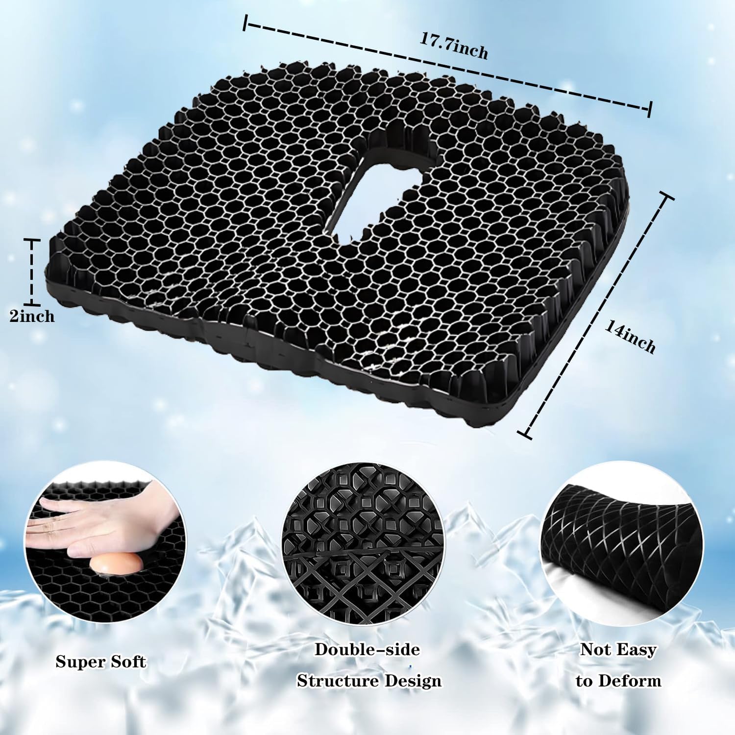 anti slip kayak seat cushion – ultra thick waterproof gel kayak seat pad with removable black cover, honeycomb breathable gel seat cushion for kayak, canoe, boat, stadium (black large)