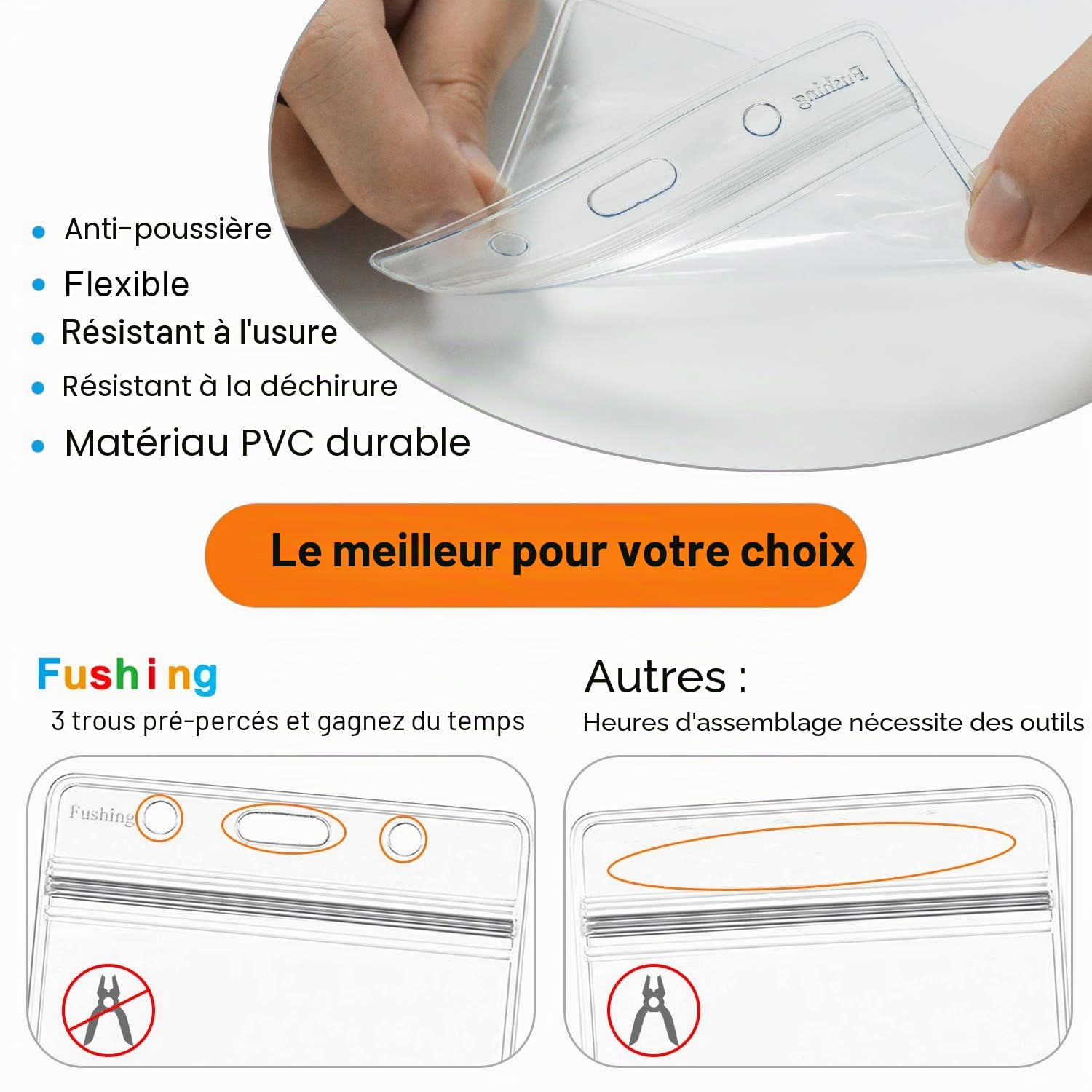 Fushing 100pcs Porte-cartes d'identité avec étiquette en plastique transparent