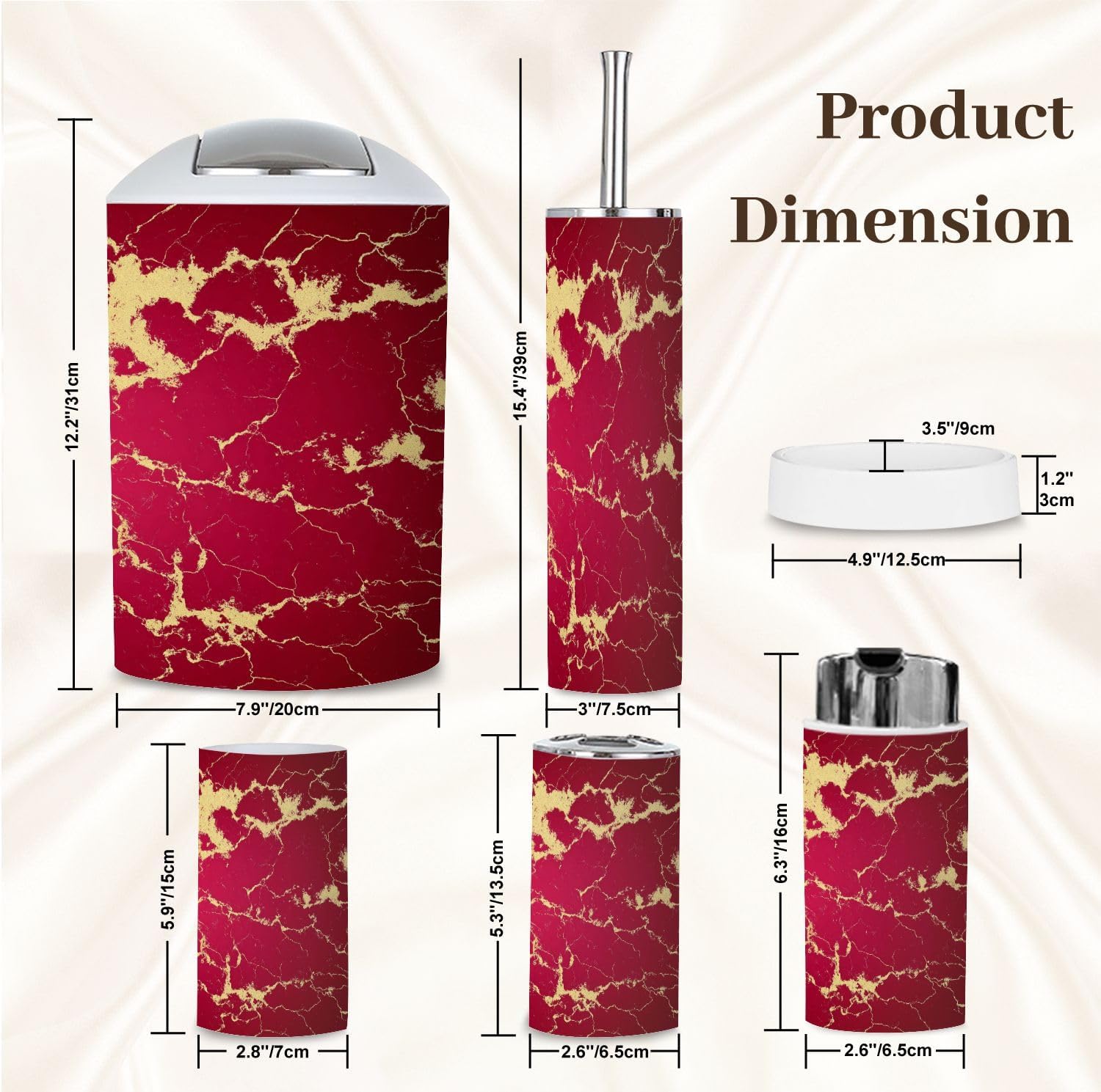 Bathroom Accessory Set 6 Piece Modern red Golden Maroon Gold Marble Texture Golden Veins Trash can, Toothbrush Holder, Soap Dispenser, Soap Dish, Toothbrush Cup, Toilet Brush Holder