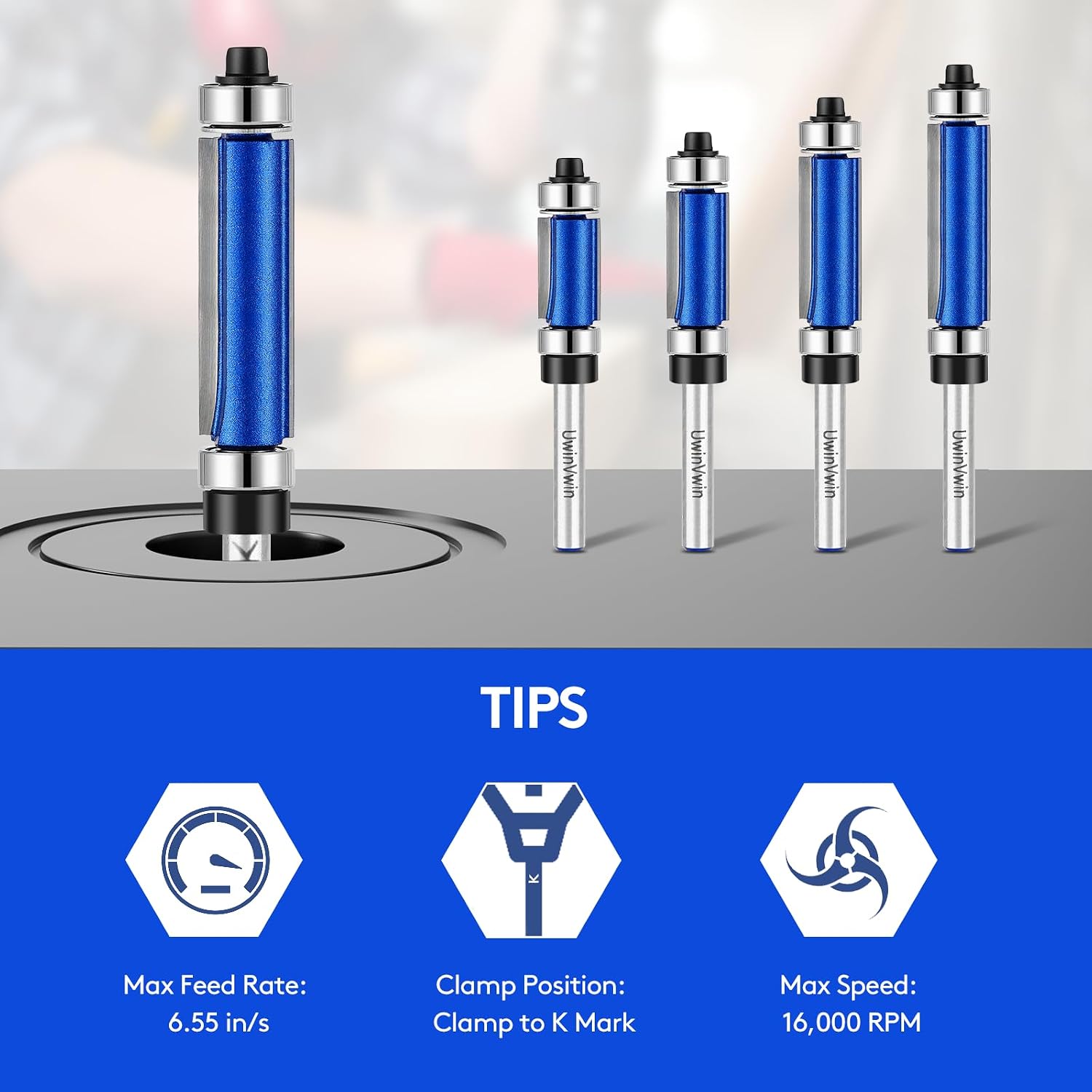 4Pcs Top & Bottom Bearing Flush Trim Router Bit 1/4" Shank, Carbide Flush Cut Router Bit Set, Cutting Diameter 1/2", Cutting Length: 3/4", 1", 1-1/4", 1-1/2"