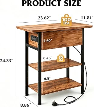 WLIVE 3-Tier End Table with Charging Station Flip Top Narrow Nightstand