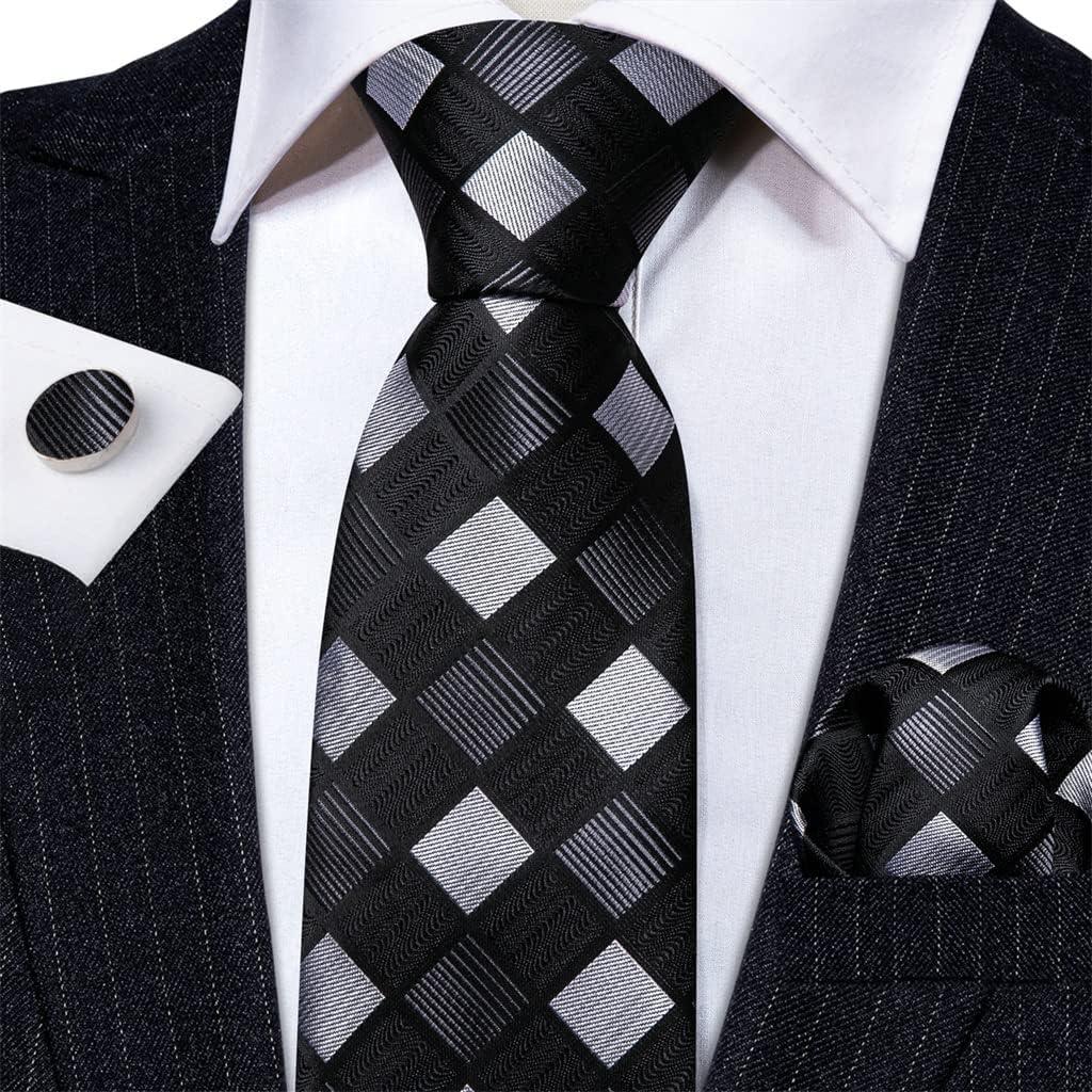 Men's Silk Tie Black and White Plaid Paisley Stripe Tie Cufflinks Set Accessories