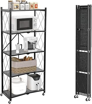 5 Tier Folding Shelf with Wheels,Metal Steel Collapsible Shelves