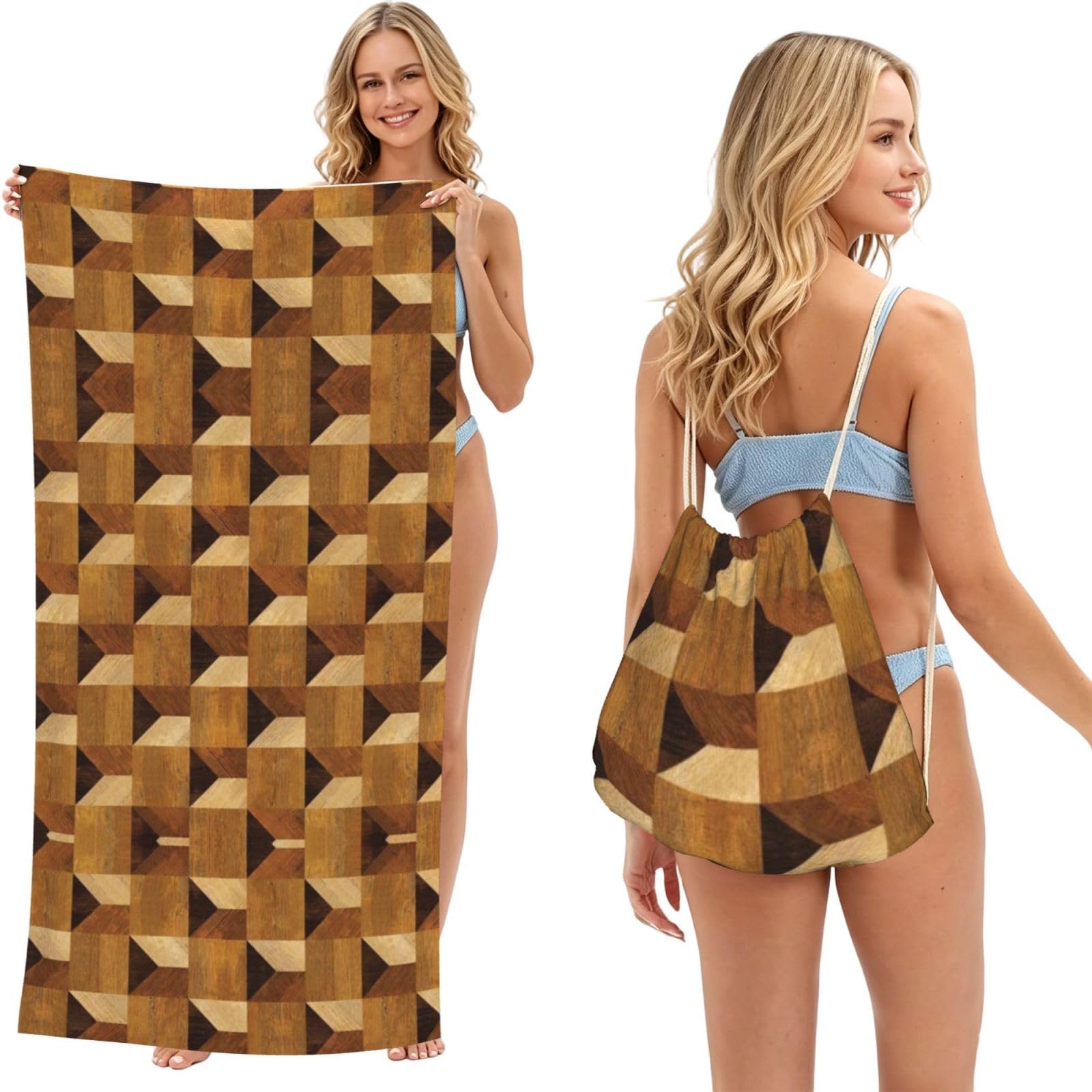 ESNAIUVCD Wood Print Beach Towel For Adults,Towel With Drawstring Bag, Travel Pool Swimming Sports Shower Sand Free Quick Dry Bath Towel For Pool, Beach, Yoga- 180x60cm