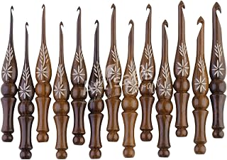 Crochet Hooks Set of 13-3.5mm to 12mm - Hand Carved Wooden Hook with Leaf Design - Ergonomic Soft Grip for Arthritic Hands - Crochet Accessories (Set of 13)
