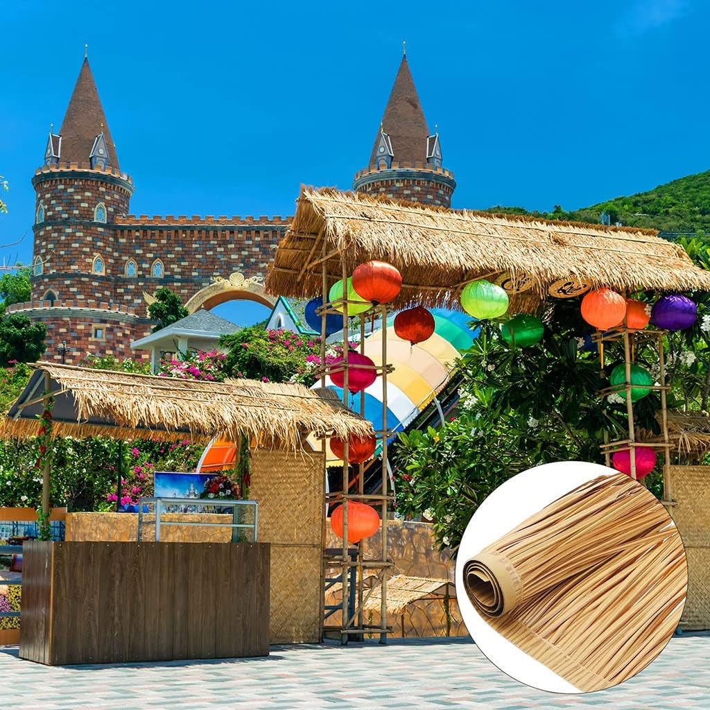 Synthetic Palm Thatch Roofing Tiles Roll, Flame Retardant Tiki Bar Huts Thatch Roofing Panels Umbrella Cover Garden Tropical Bar Decoration 50x100cm(Yellow f,0.5x30m/1.64X98.4ft)