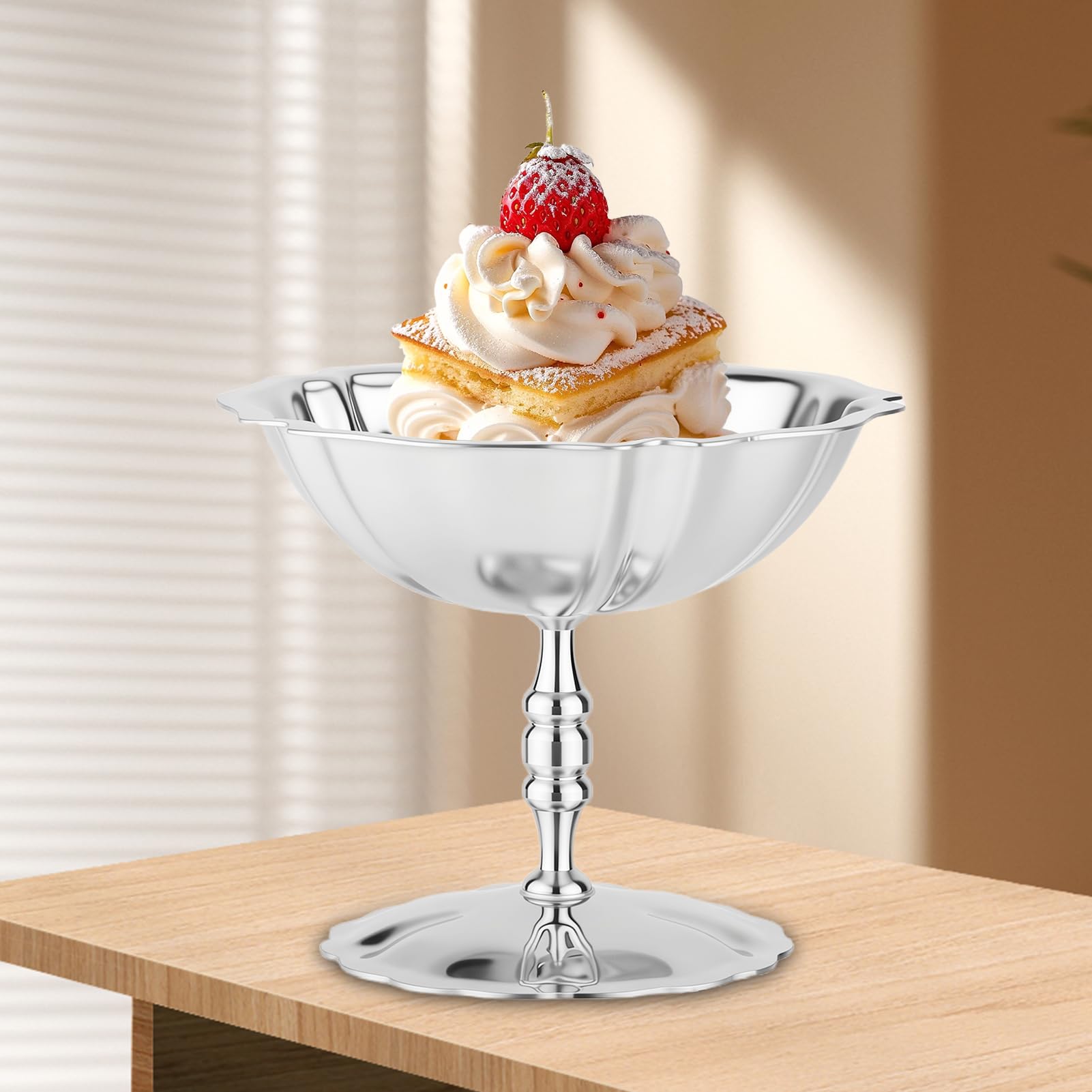 4 copas de postre con patas de flores, plateadas, multifunción, 304, de acero inoxidable, para yogur, fruta, ensalada, apetizers