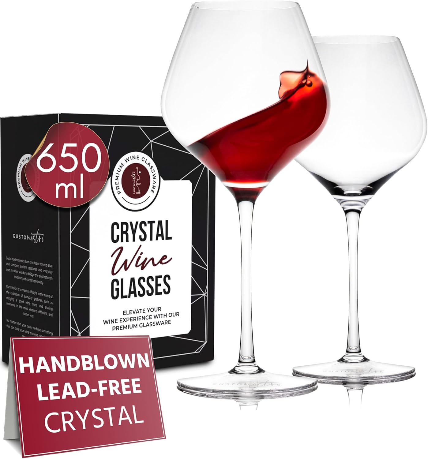 Gusto Nostro Crystal Wine Glasses Set of 2, 22 Oz Long Stem Modern Wine Glasses for White and Red Wine, Dishwasher Safe, Fancy, Elegant, Large and Tall Wine Glass for Wedding Christmas Anniversary