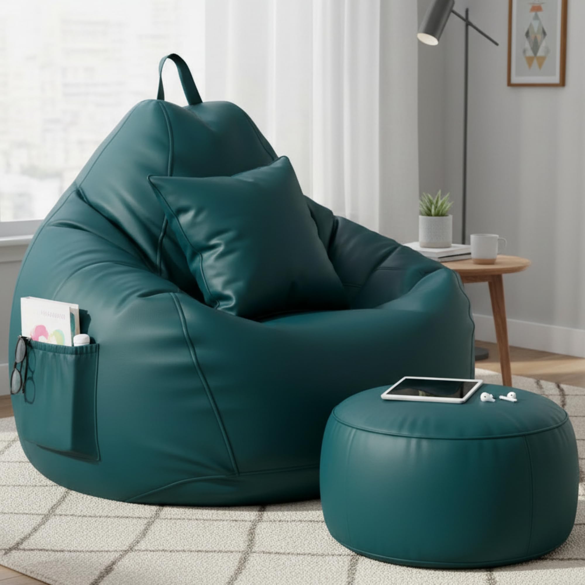 KAM'S LIEU 6XL Luxury Faux Leather Bean Bag with Footrest & Cushion | Pre-Filled High-Density Polystyrene Beans | Premium Leatherette |Teardrop Handle Design | 6 Months Warranty Color- Teal
