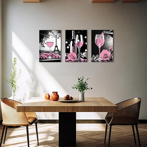 Miniatura 5 de QIXIANG Lienzo de cocina, 3 piezas románticas de vino rosa, uva, rosa, flores, torres Eiffel, impresiones para decoración de restaurantes y bares,