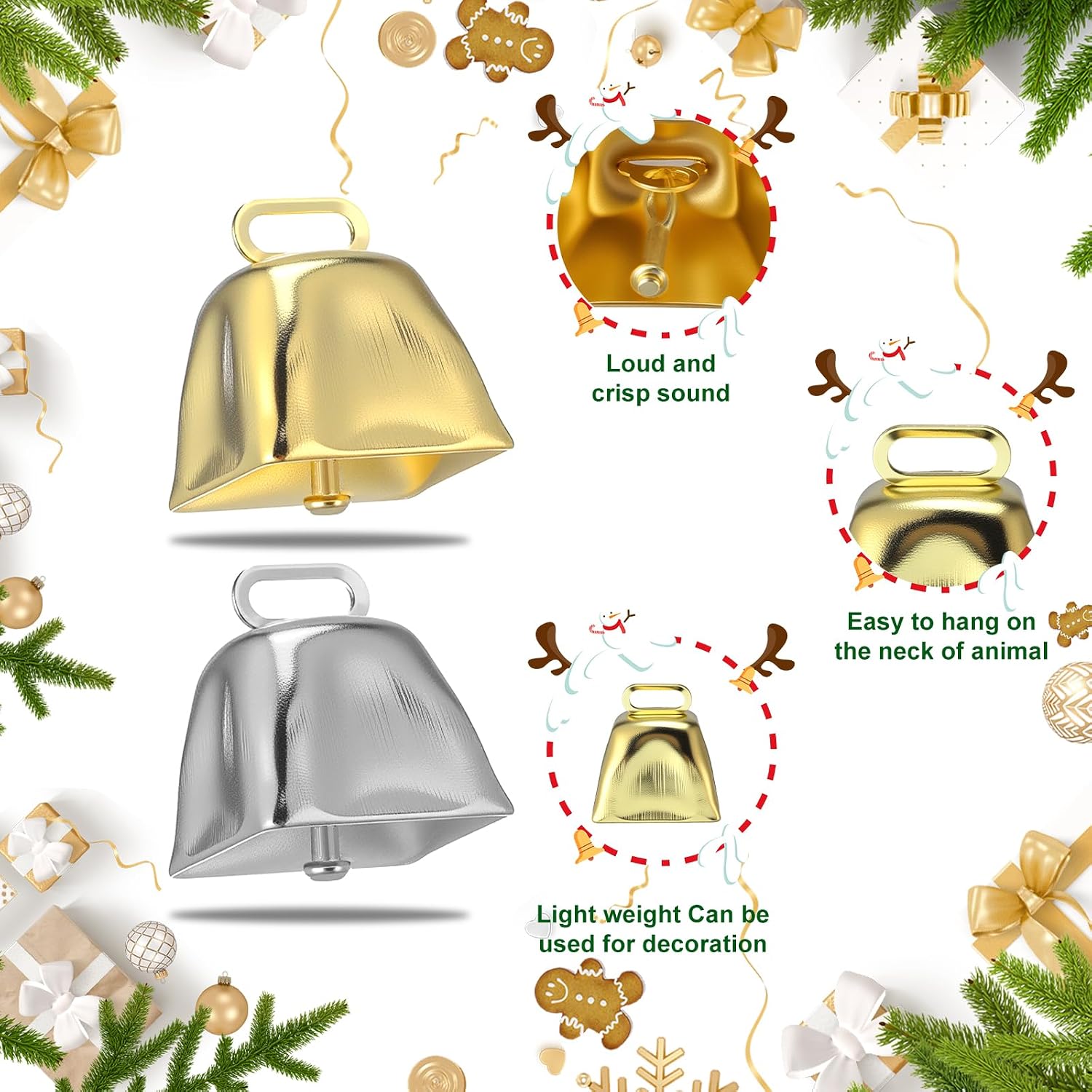 72 Pack Mini Cow Bells for Crafts Christmas Small Cowbells with Hooks Decoration for Birthday Wedding Party Christmas Dog Cat Decor (Gold & Silver)