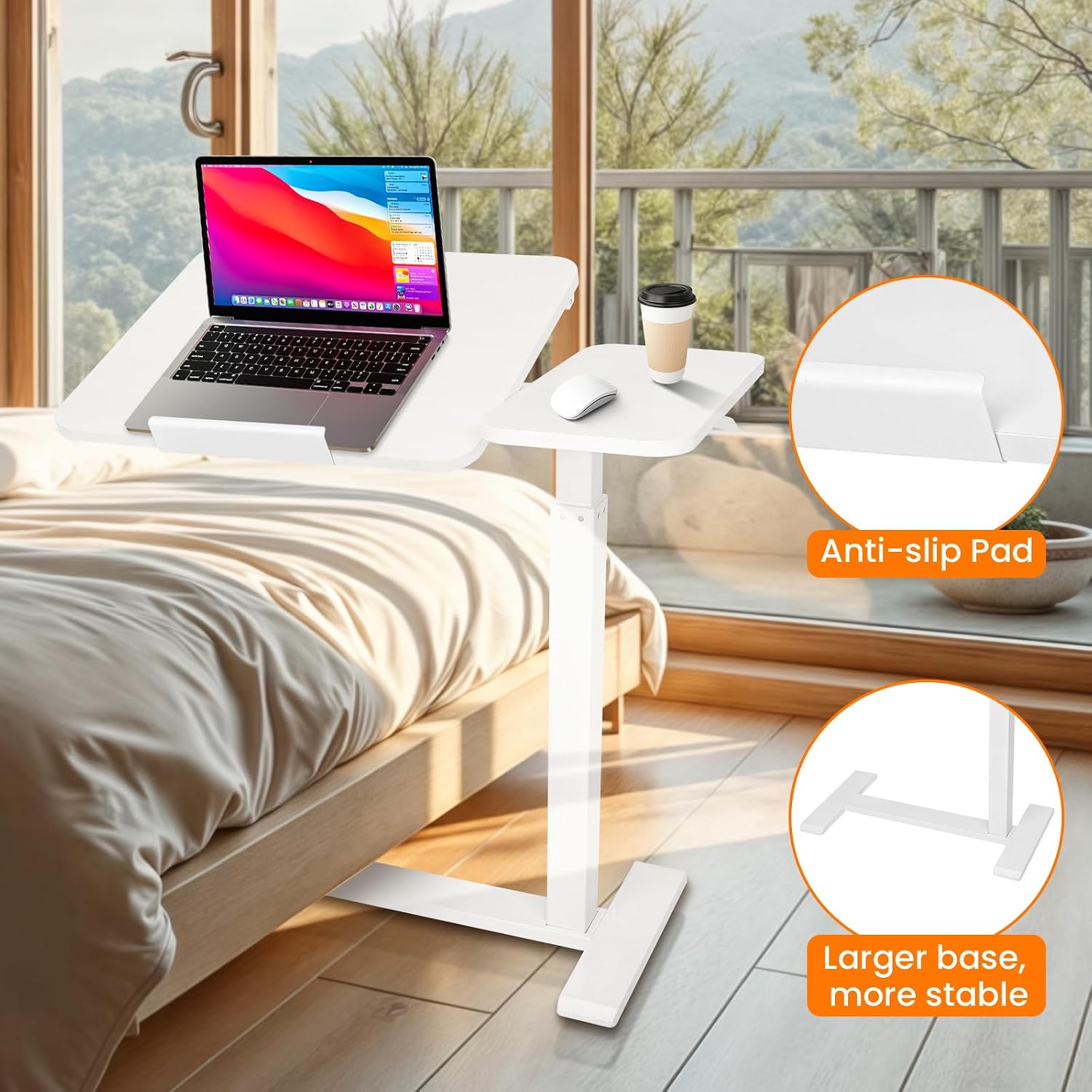 Adjustable Pneumatic Overbed Bedside Table with Wheels Split Top Tilting Mobile Standing Desk Portable Computer Cart Movable Desk Hospital Home Office Use (15.7" W x 27.6" D, White)