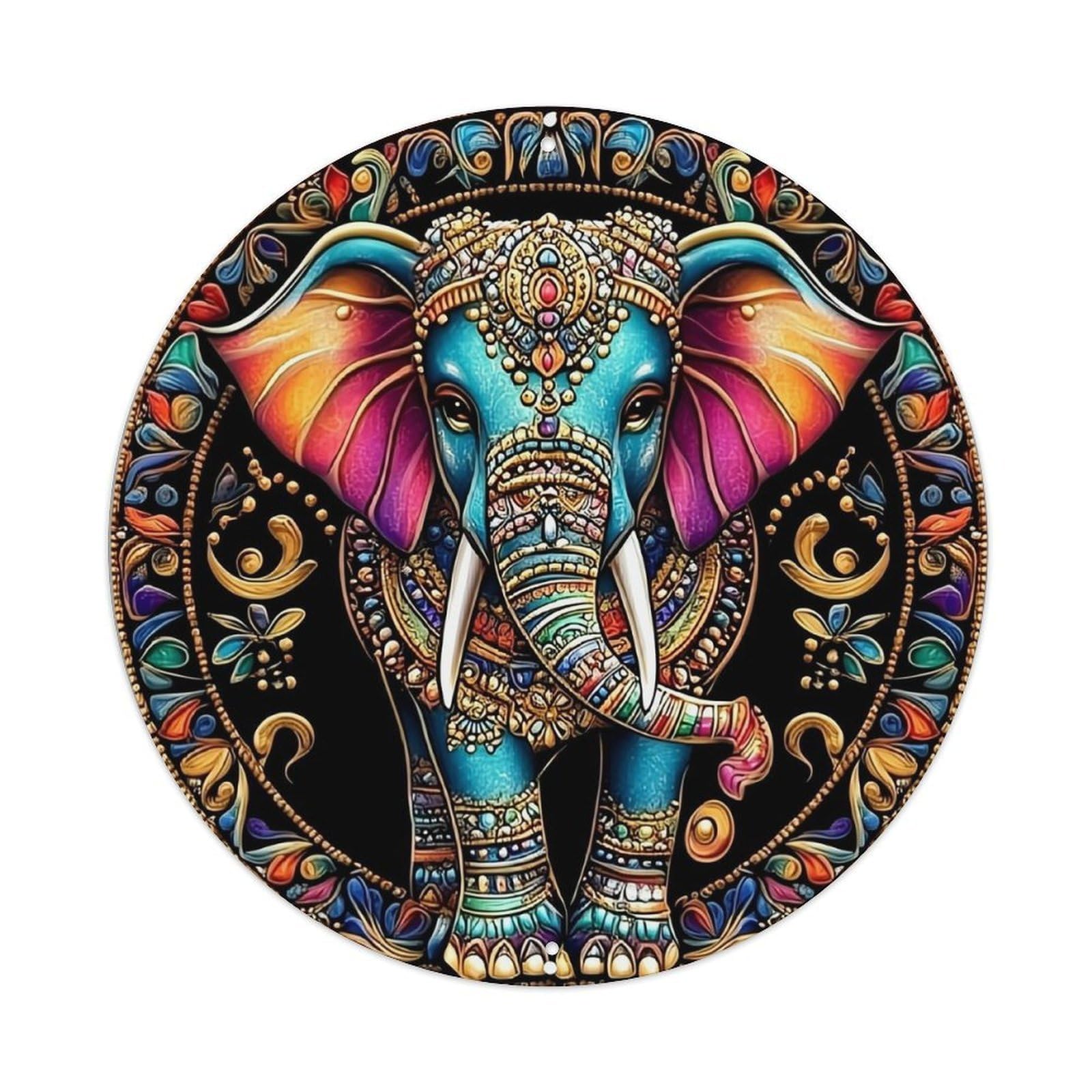 Ornate Elephant Mandala Art Print Vintage Metal Tin Sign Retro Wall Decor for Home Bar Garage Cafe, Indoor & Outdoor Decorative，circle Metal Poster, 8x8 Inch