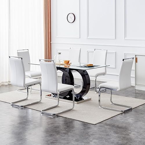 Miniatura 22 de Juego de mesa de comedor de 63 pulgadas para 6, juego de mesa de comedor de cristal moderno para 6, mesa de vidrio templado con 6 sillas ergonómicas