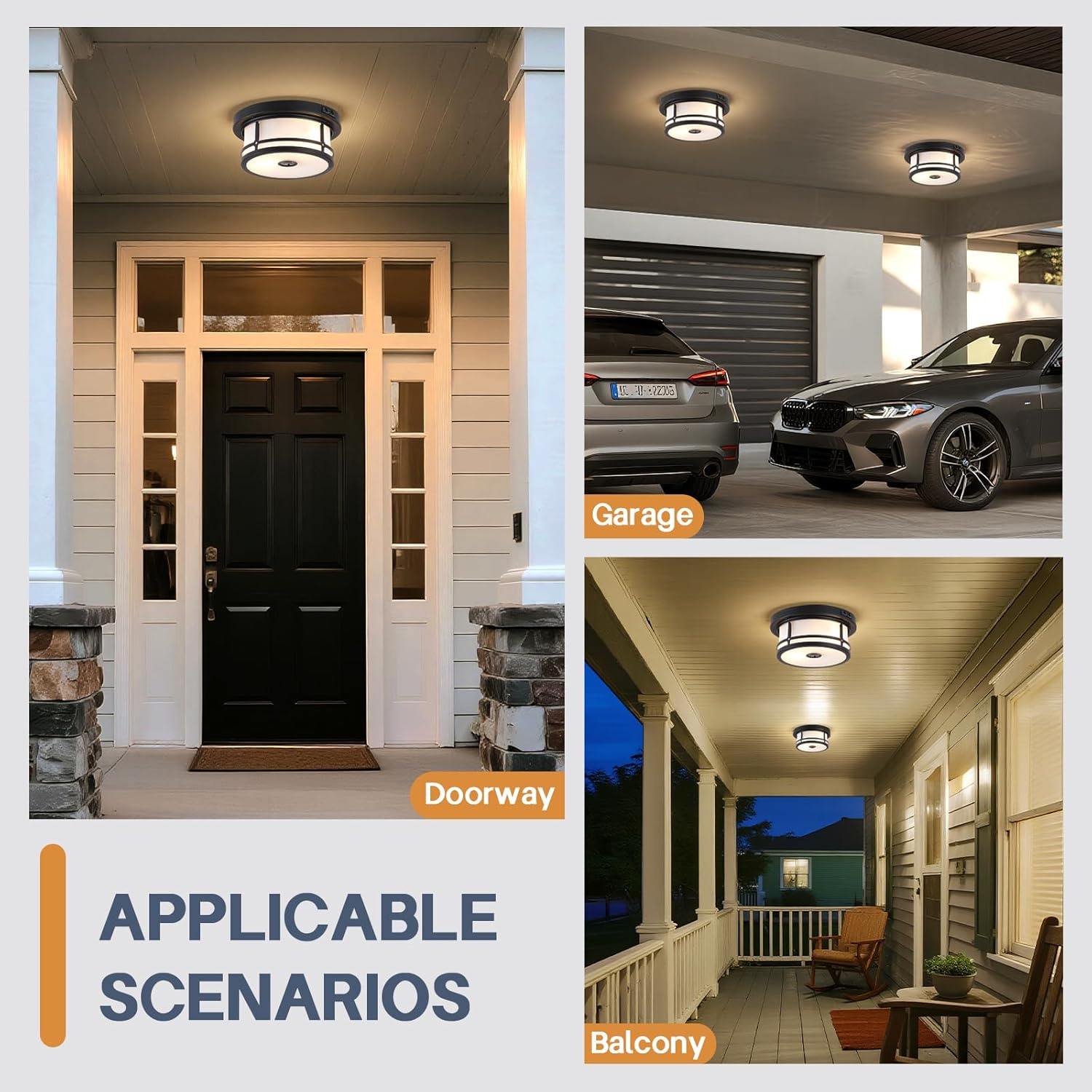 Outdoor Flush Mount Motion Sensor Ceiling Light,2-Light Industrial Porch Lights Ceiling Mount Black Finsh with Clear Frosted Glass for Front Porch, Garage, Patio, Entryway, Farmhouse