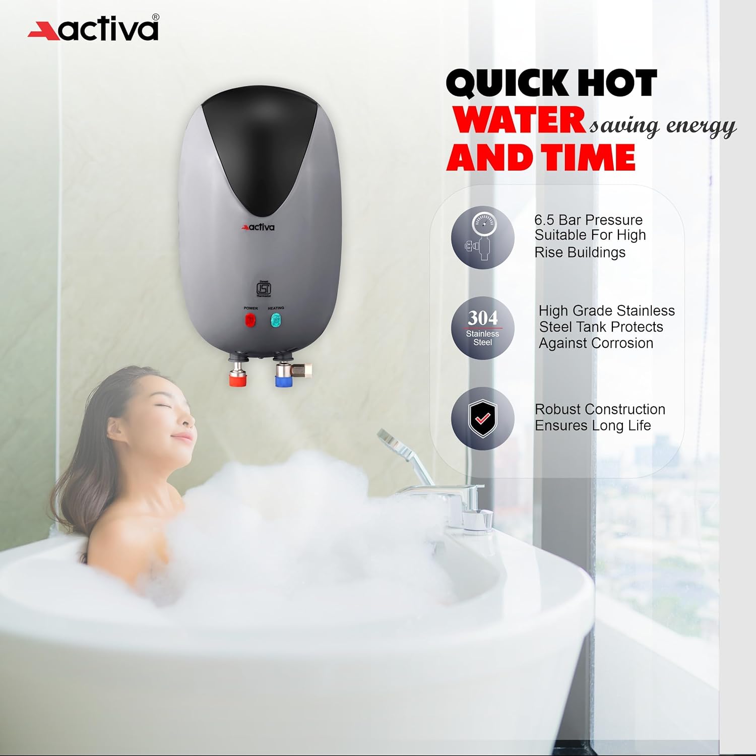 Activa 3 Liters Quick Water Heater Geyser, 3 KVA ISI Copper Element, 0.7mm Anti Rust Coated 304L Pure Stainless Steel Tank, Auto Cut-Off, ABS Body, BEE 5 Start Rated, 5 Year Warranty - Grey & Black 15 71AFTZLOKaL. SL1500
