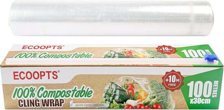 100% Compostable Plastic Cling Wrap Dispenser With Slide Cutter 12 inch Food Service Cling Film Wrap Roll - 12" x 360 Ft ECO friendly Food WrapThe Slide Cutter stored in The Inner core of The roll