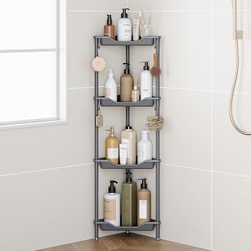 Orimade Rustproof 4 Tier Floor Standing Corner Shower Caddy Organizer, Plastic Aluminum Splicing Floor Corner Shelf Rack Storage Stands for Bathroom,10.8 x 10.8 x 44.6 inches, Grey